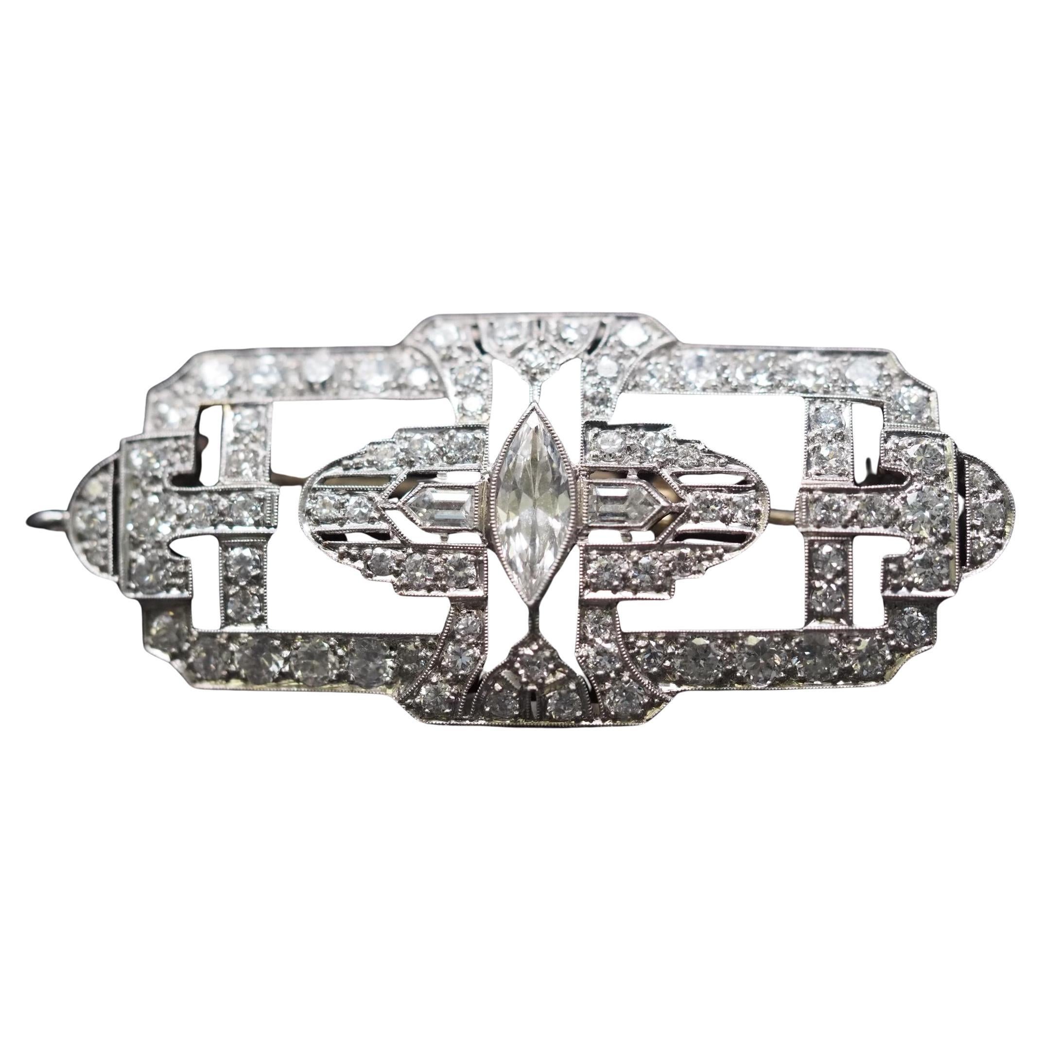 Circa 1920s Platinum Art Deco Pendant and Brooch with Antique Marquise For Sale