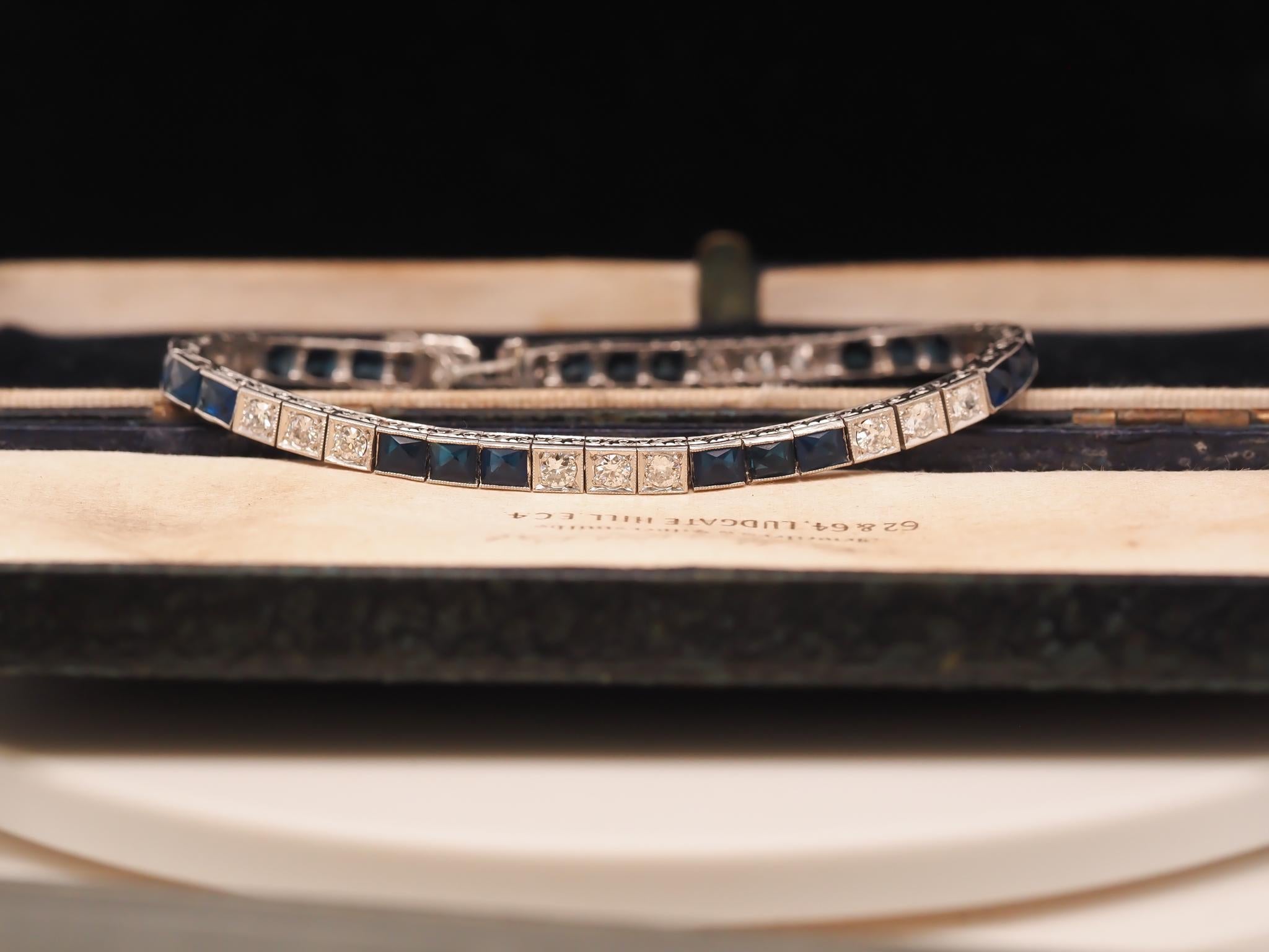 Pulsera Art Decó de Platino con Zafiro y Diamantes de los años 20 Corte europeo antiguo