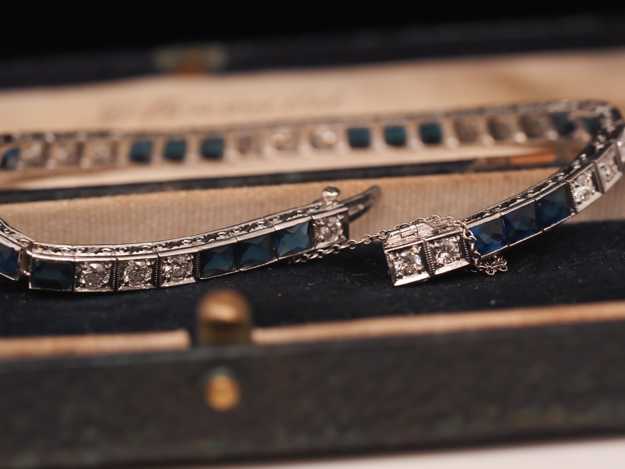 Pulsera Art Decó de Platino con Zafiro y Diamantes de los años 20 1
