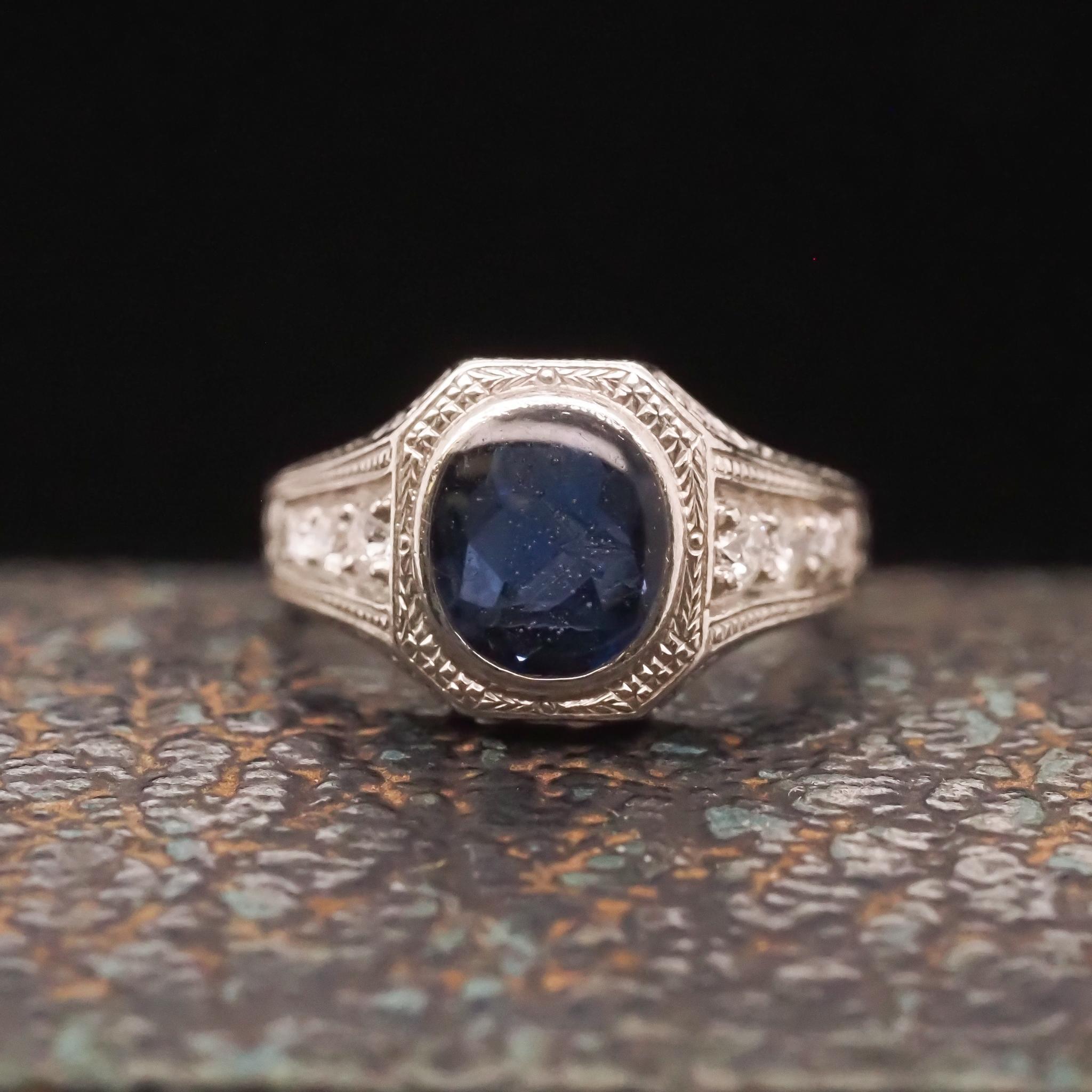 Cabochon Circa 1920s Platinum Art Deco Sapphire and Diamond Ring For Sale