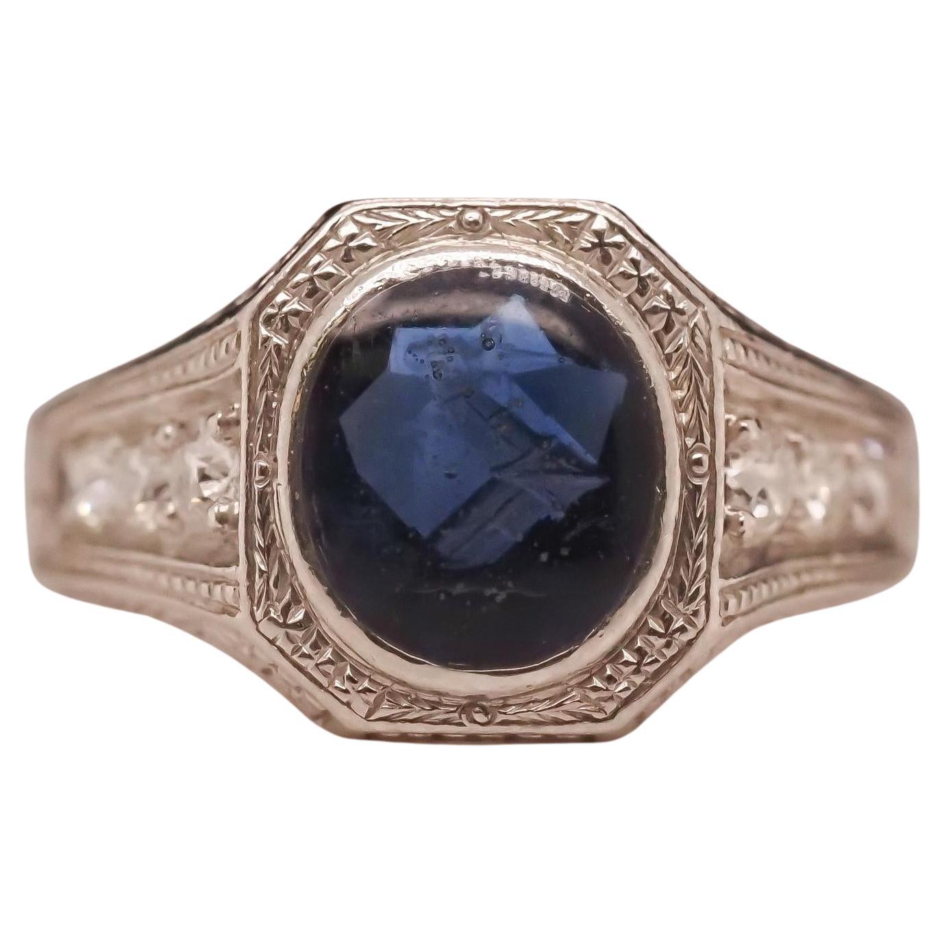 Circa 1920s Platinum Art Deco Sapphire and Diamond Ring For Sale