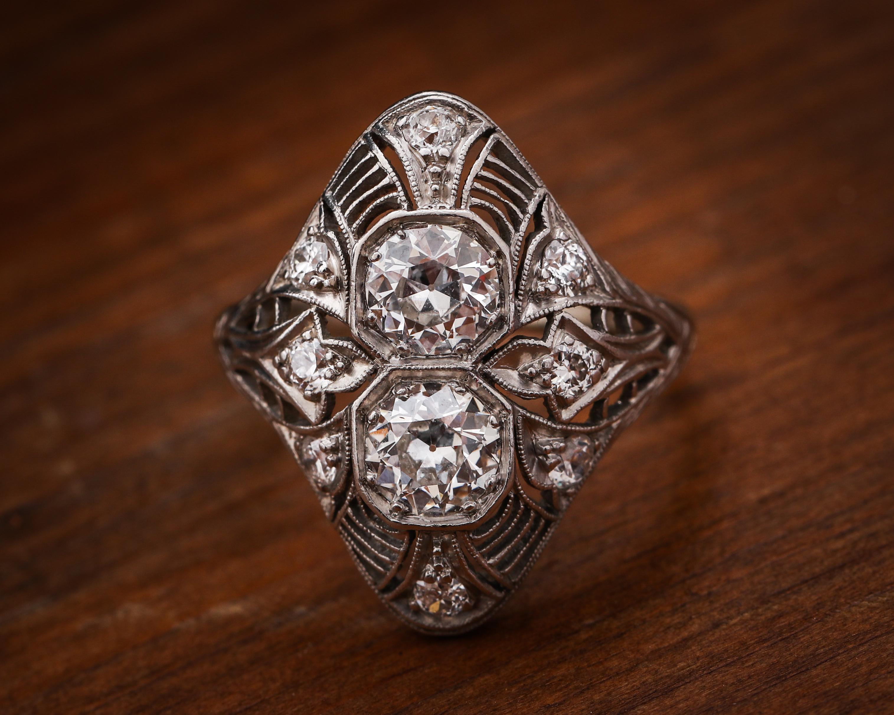 Platinum Double Decker 1.70 Carat Diamond  Deco Ring, circa 1920s In Good Condition In Addison, TX