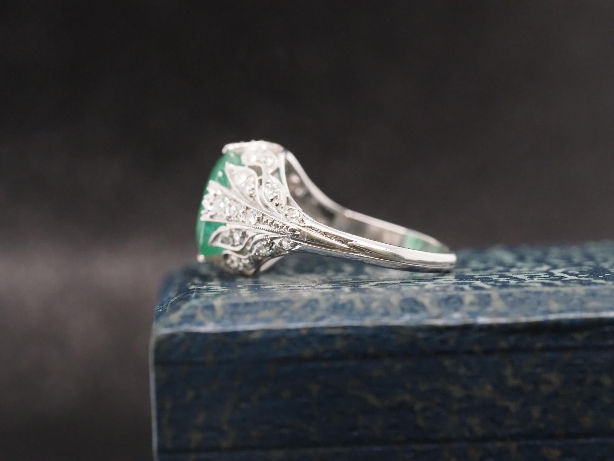 Women's Circa 1920s Platinum Edwardian Emerald Diamond Engagement Ring For Sale