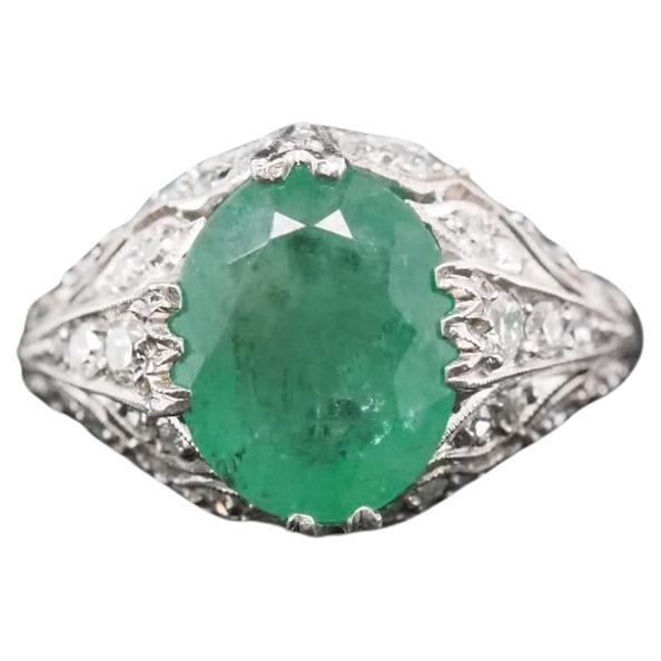 Circa 1920s Platinum Edwardian Emerald Diamond Engagement Ring