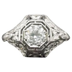 Circa 1920s Platinum Filigree .50ct Old European Diamond Engagement Ring