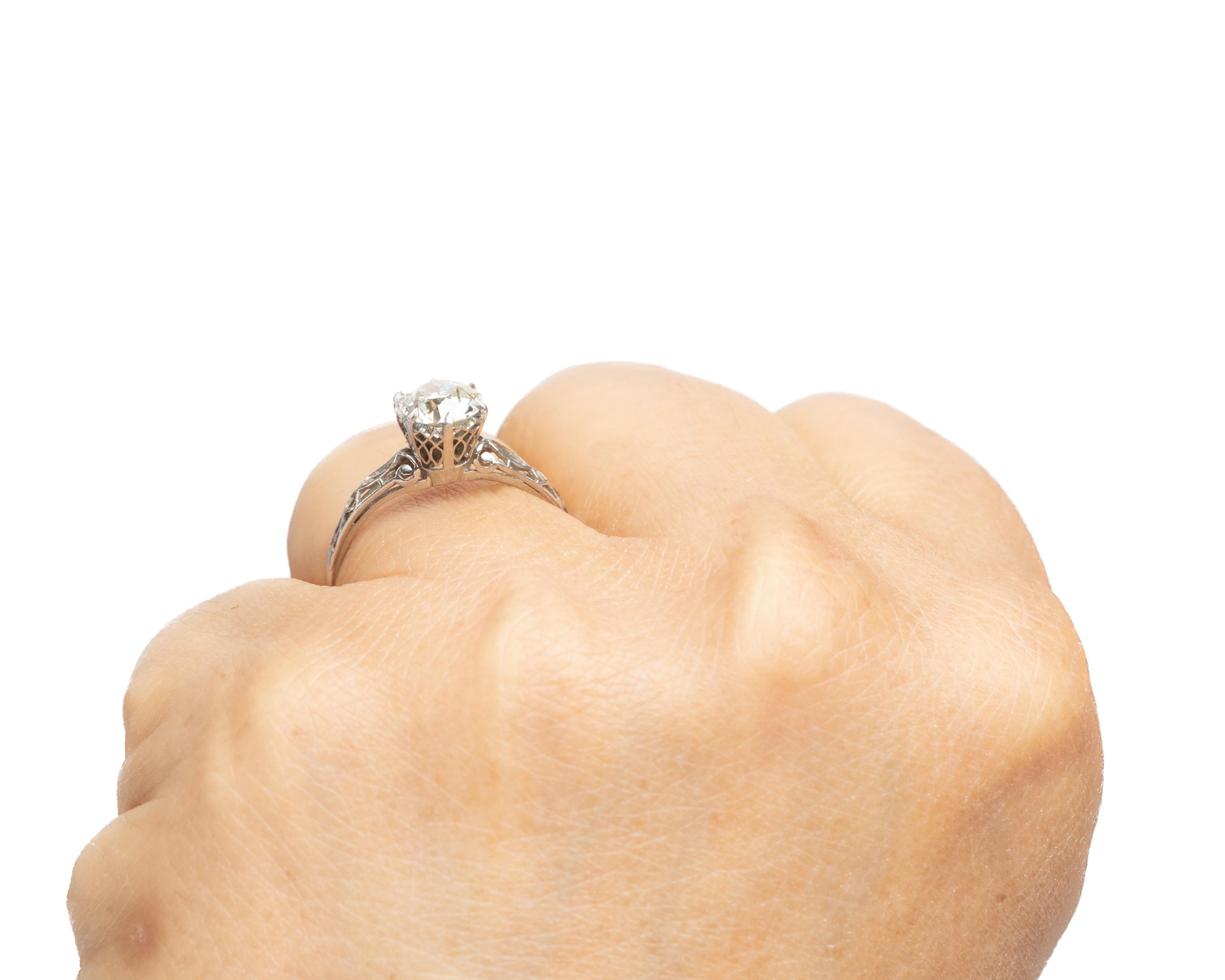 Women's Circa 1920s Platinum GIA 1.12ct Old European Brilliant Diamond Engagement Ring For Sale