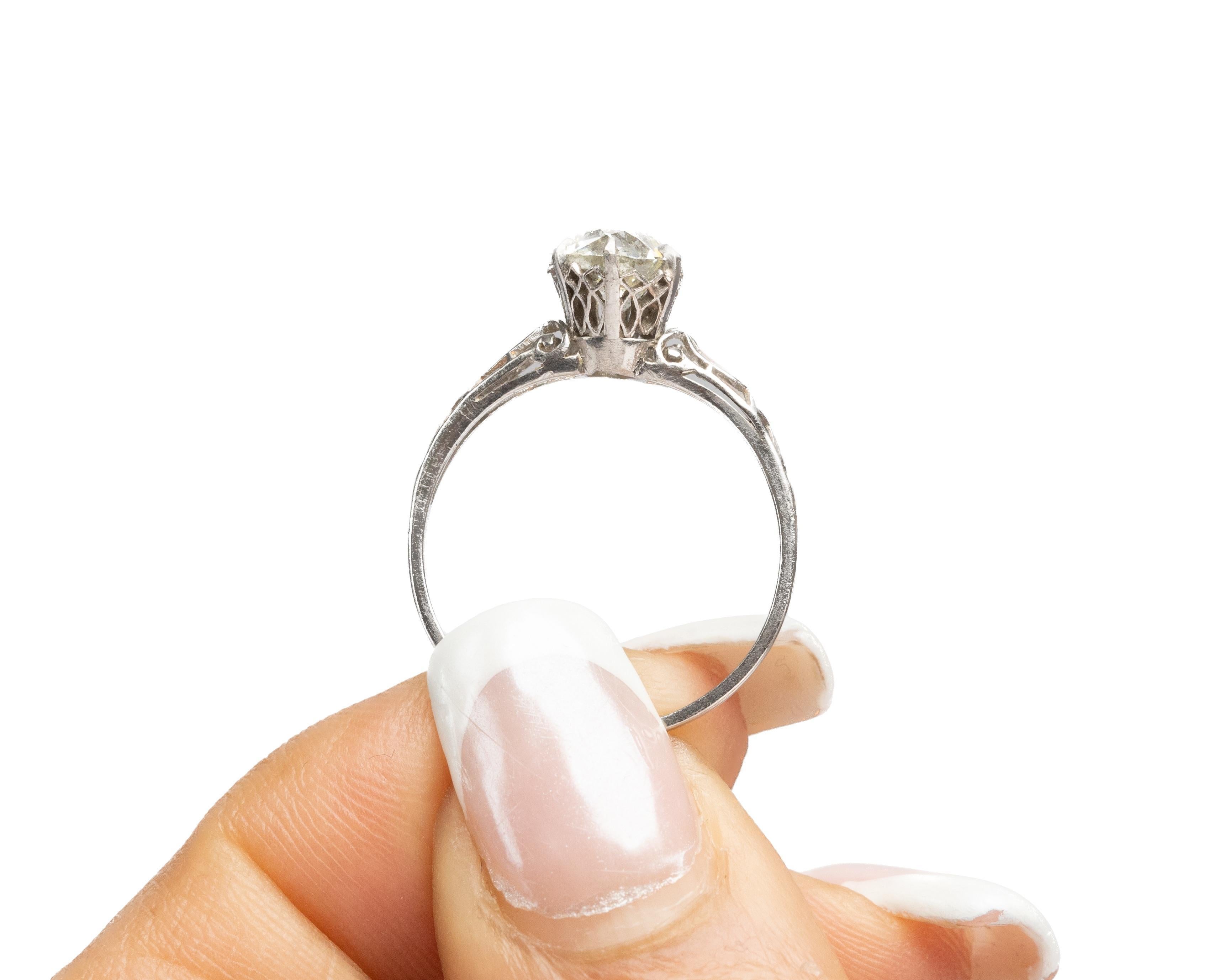 Circa 1920s Platinum GIA 1.12ct Old European Brilliant Diamond Engagement Ring For Sale 2