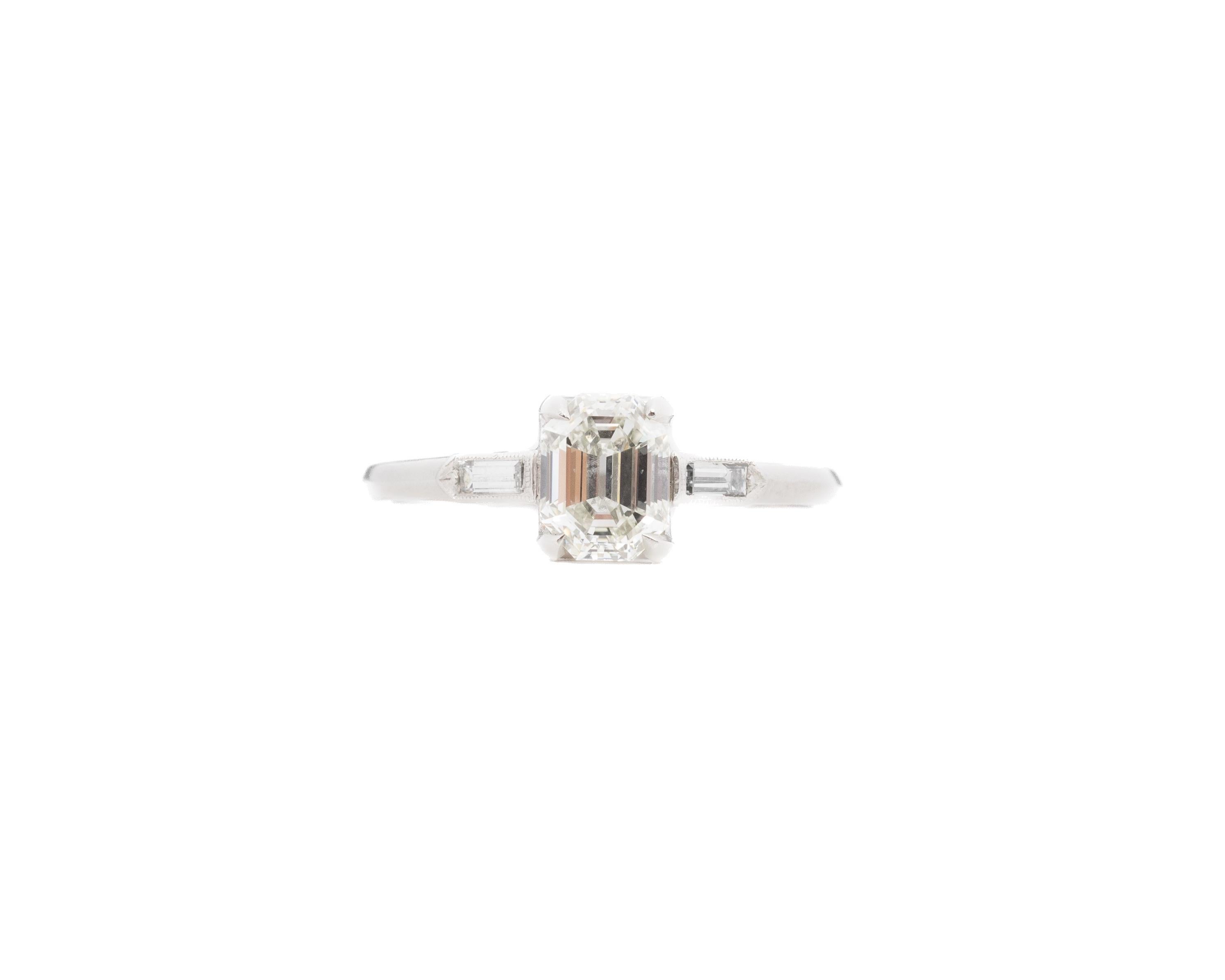 Year: 1920s
Item Details:
Ring Size: 8 (Resizable)
Metal Type: Platinum [Hallmarked, and Tested]
Weight: 3.4 grams
Center Diamond Details:
GIA Report#:1236289611
Weight: 1.21ct total weight
Cut: Antique Step Cut (Antique Emerald)
Color: J
Clarity: