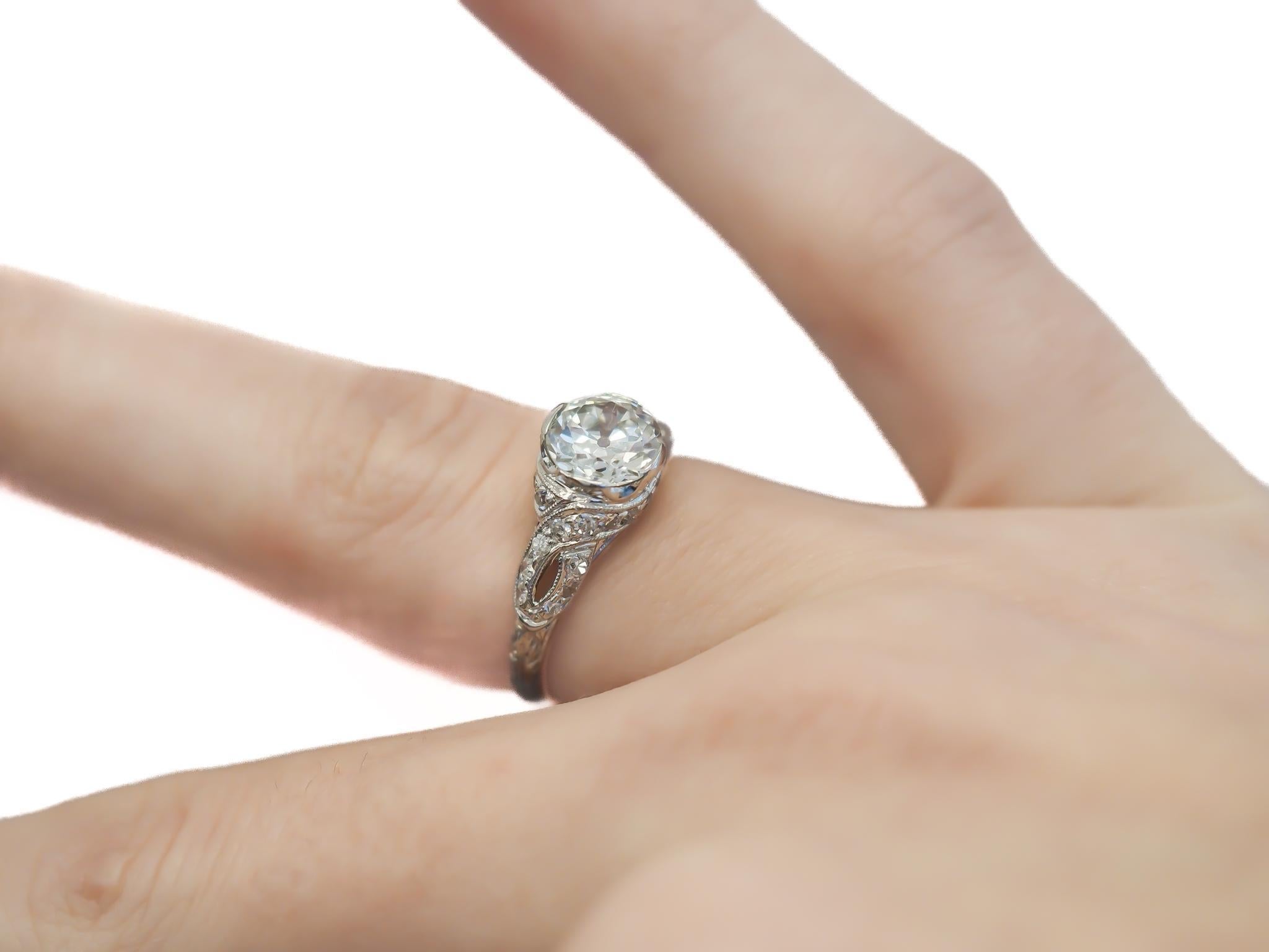 Circa 1920s Platinum  GIA 1.25ct Old European Diamond Engagement Ring For Sale 4