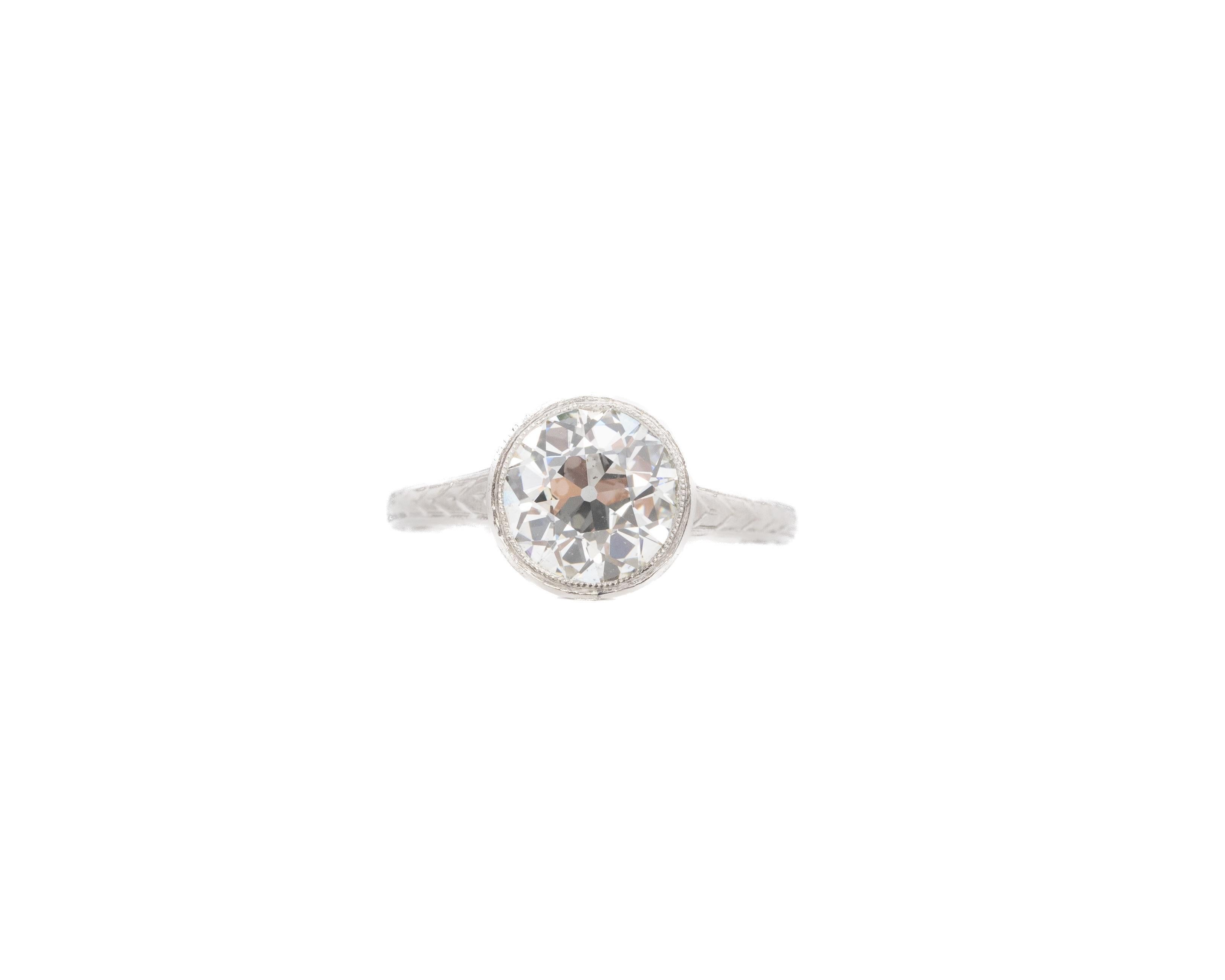 Year: 1920s
Item Details:
Ring Size: 6
Metal Type: Platinum [Hallmarked, and Tested]
Weight: 3.7 grams
Center Diamond Details:
GIA Report#:7235288212
Weight: 2.04ct total weight
Cut: Old European brilliant
Color: J
Clarity: SI1
Type: Natural
Finger