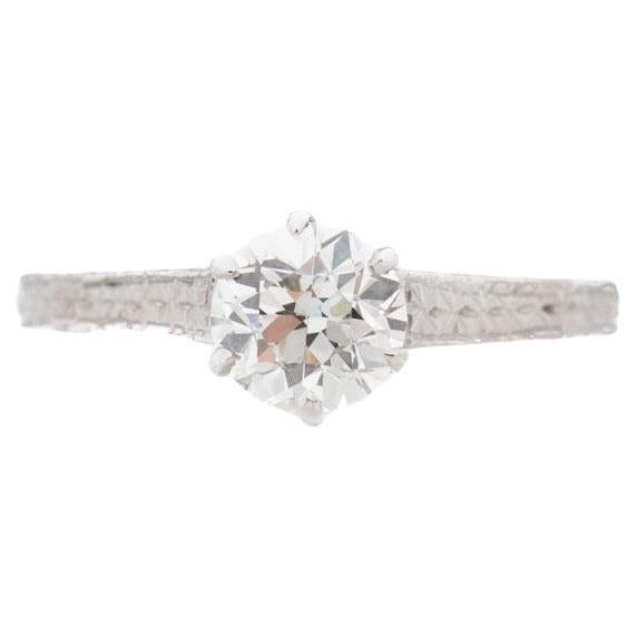 Year: 1920s
Item Details:
Ring Size: 6.5 (Sizable)
Metal Type: Platinum [Hallmarked, and Tested]
Weight: 2.4grams
Center Diamond Details:
GIA Report#: 6237225262
Weight: .79ct total weight
Cut: Old European brilliant
Color: J
Clarity: VS2
Type: