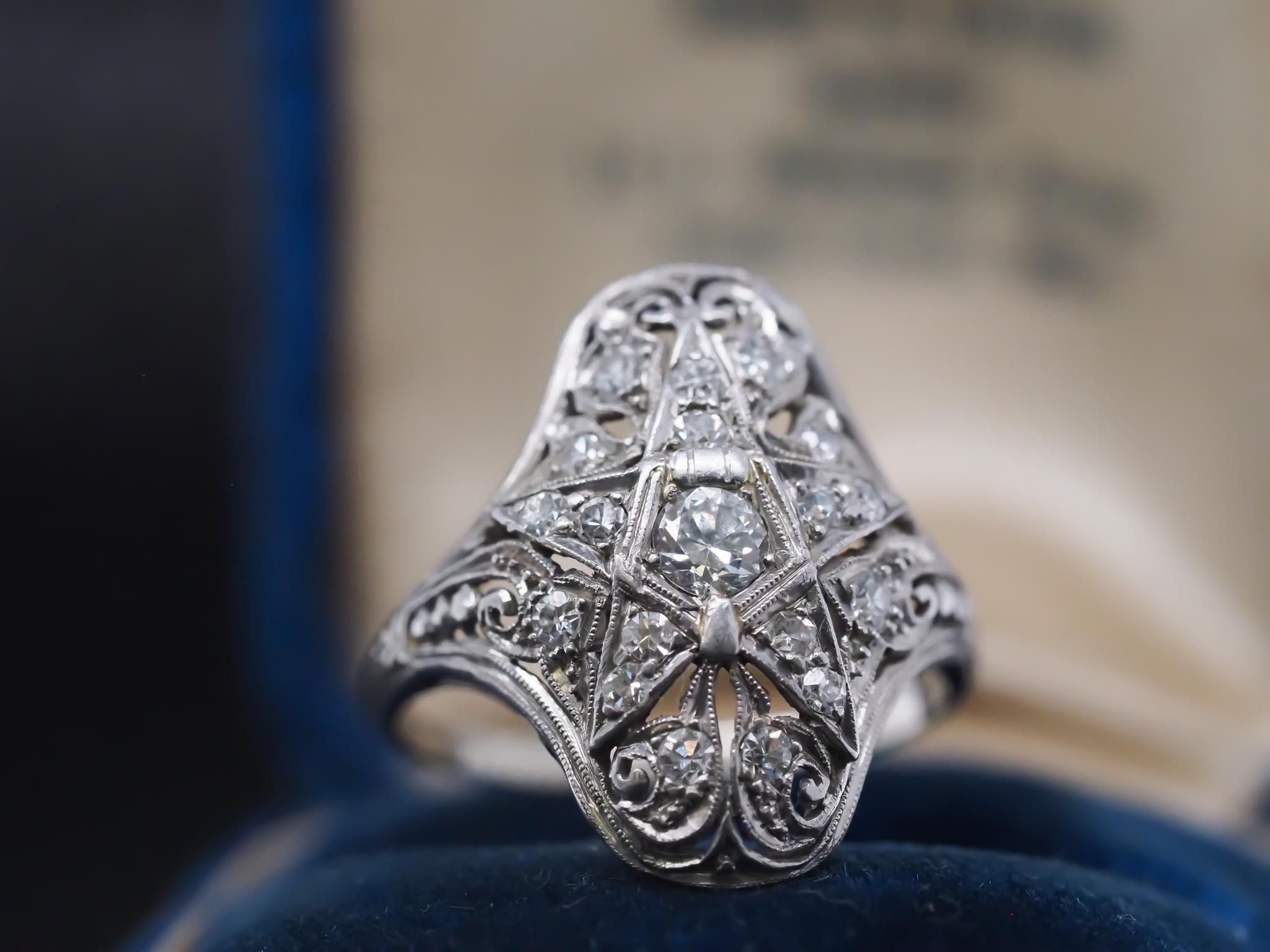 Edwardian Circa 1920s Platinum Old European Diamond Masonic Navette Ring For Sale