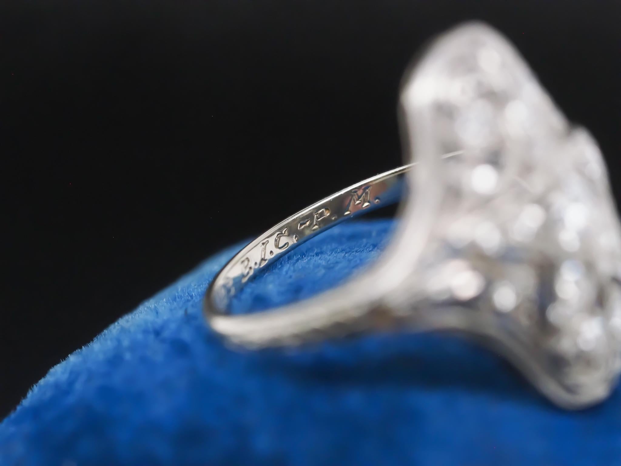 Women's Circa 1920s Platinum Old European Diamond Masonic Navette Ring For Sale