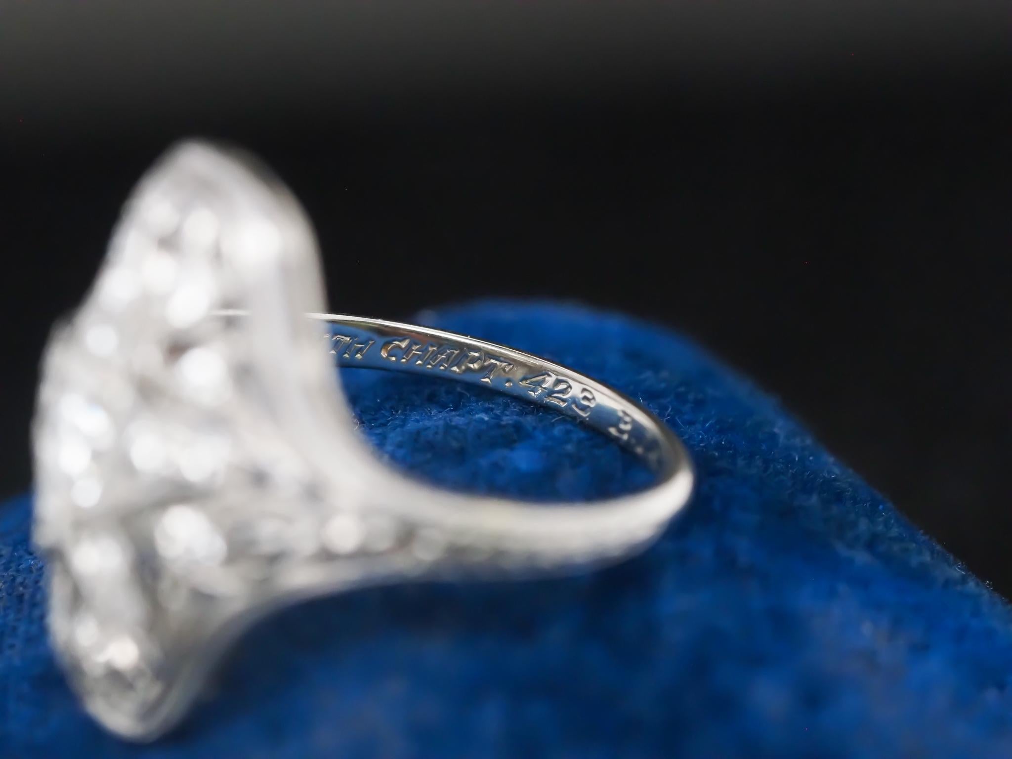 Circa 1920s Platinum Old European Diamond Masonic Navette Ring For Sale 1