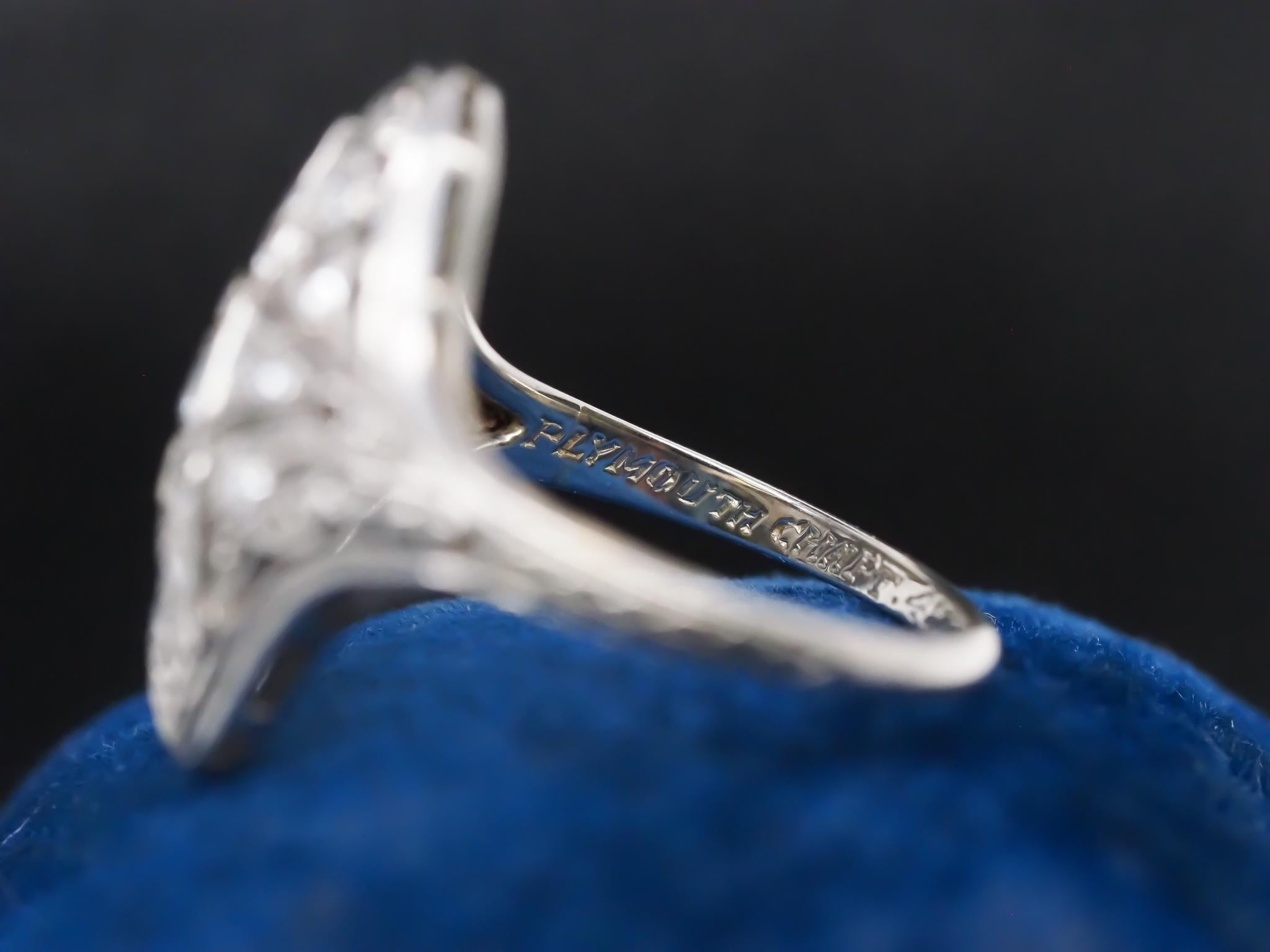 Circa 1920s Platinum Old European Diamond Masonic Navette Ring For Sale 2