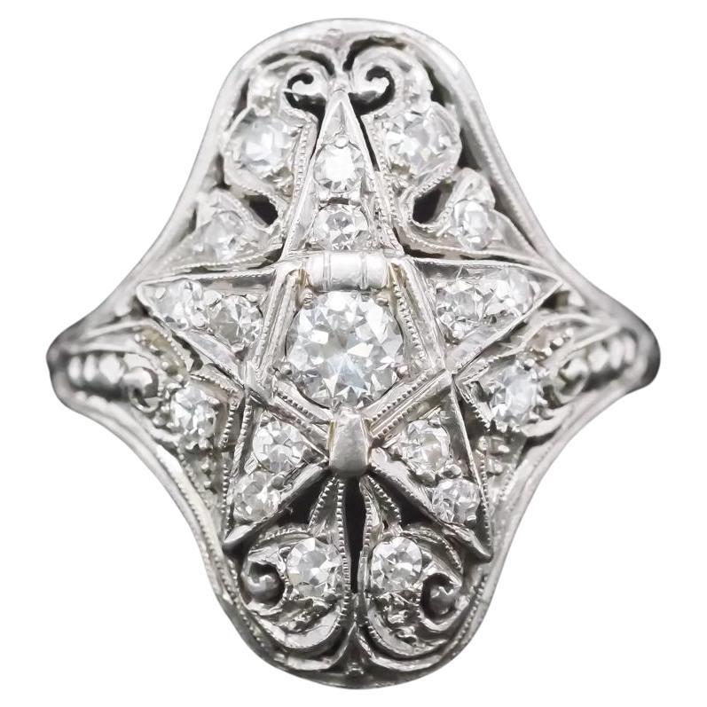 Circa 1920s Platinum Old European Diamond Masonic Navette Ring For Sale