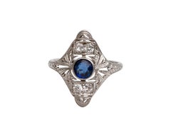 Platinum Sapphire and Diamond Shield Ring, #190072102, circa 1920s