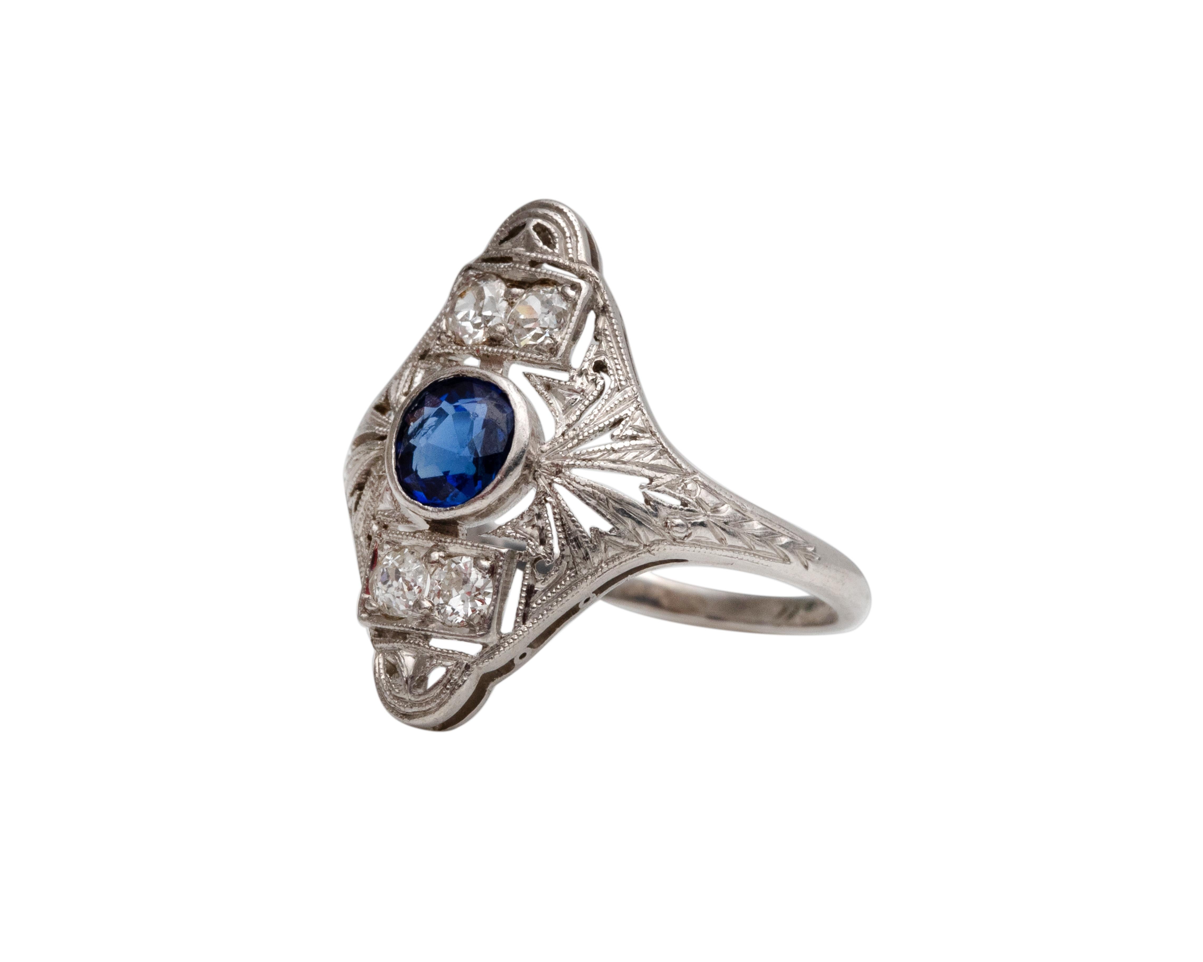 Art Deco Platinum Sapphire and Diamond Shield Ring, #190072102, circa 1920s