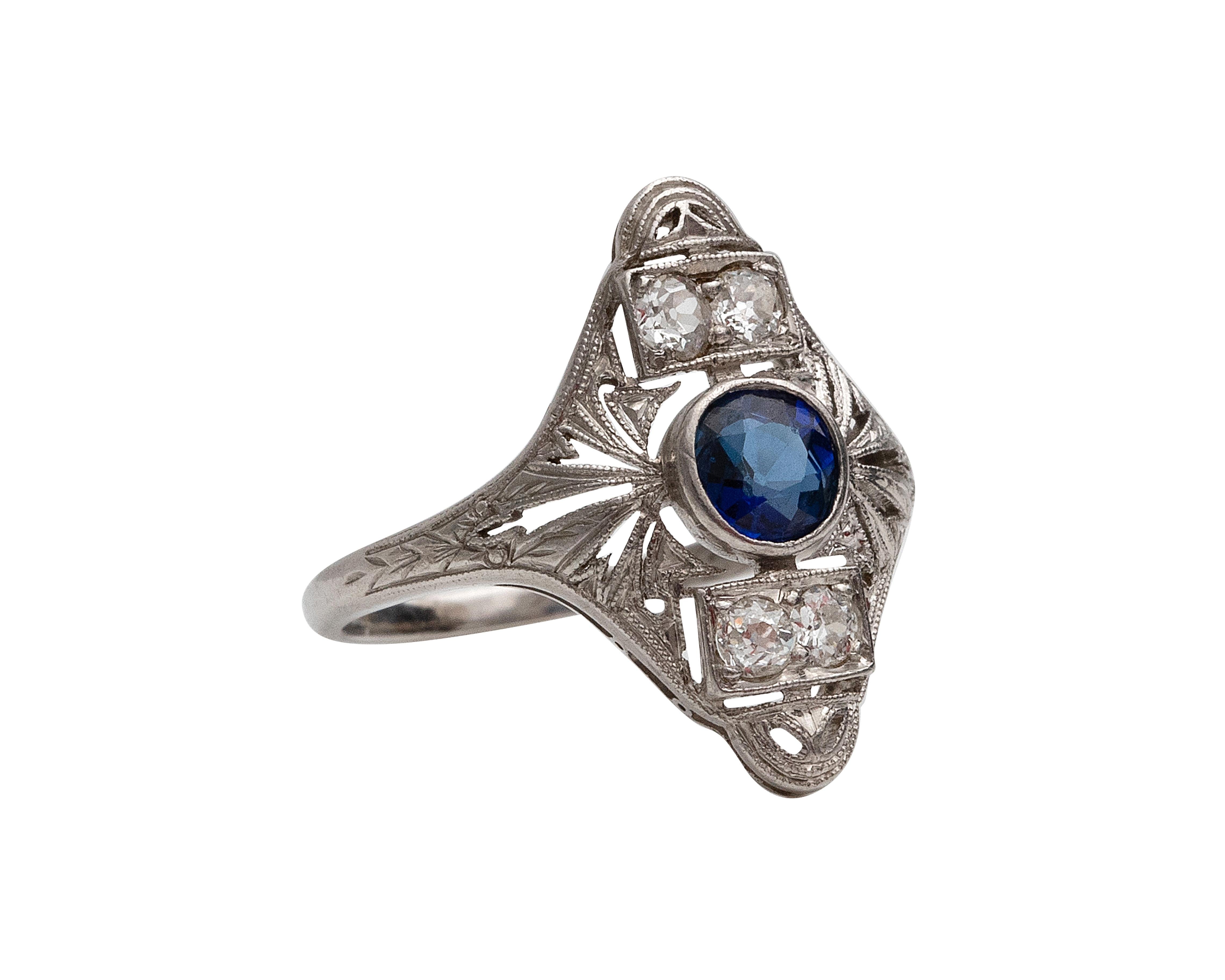 Old European Cut Platinum Sapphire and Diamond Shield Ring, #190072102, circa 1920s