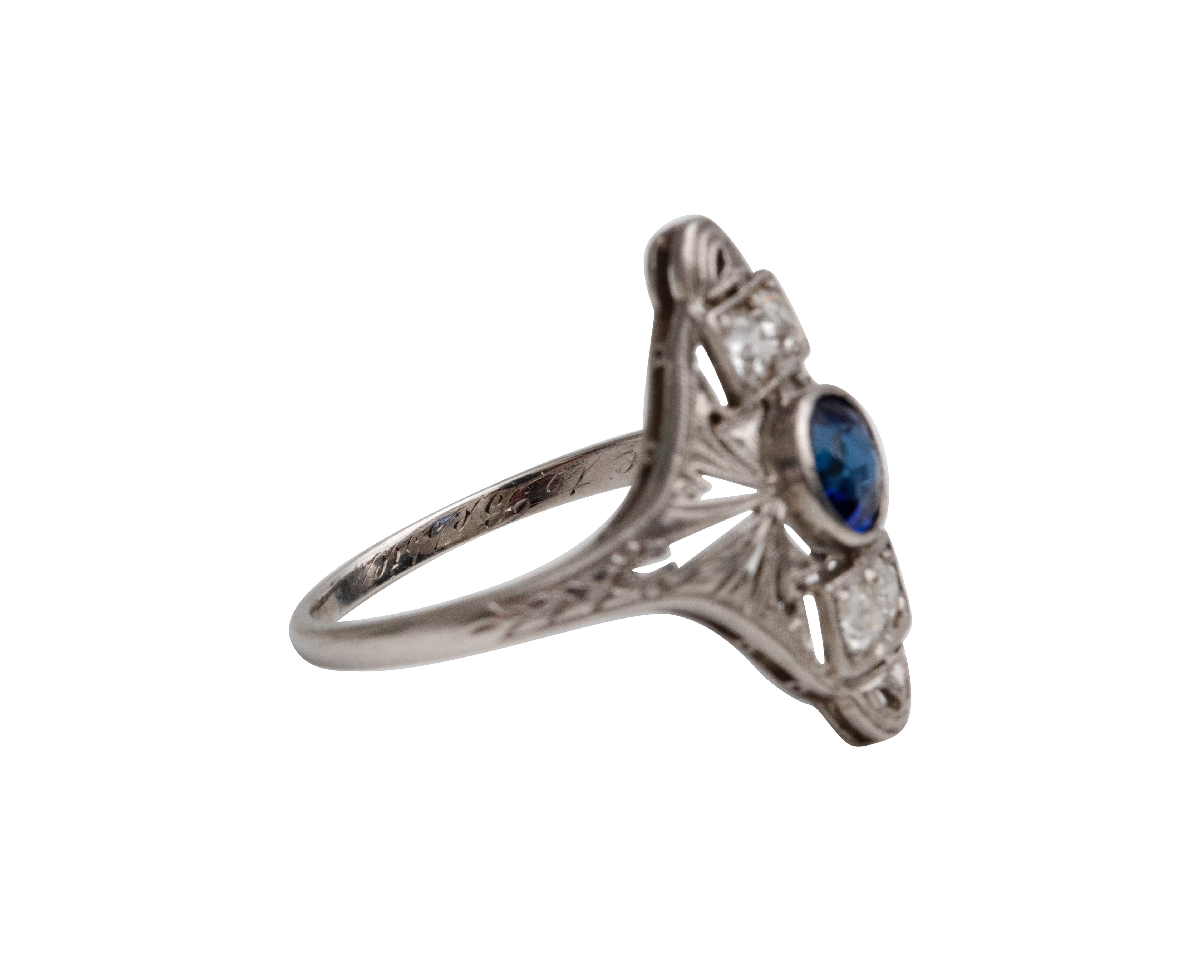 Platinum Sapphire and Diamond Shield Ring, #190072102, circa 1920s In Good Condition In Addison, TX