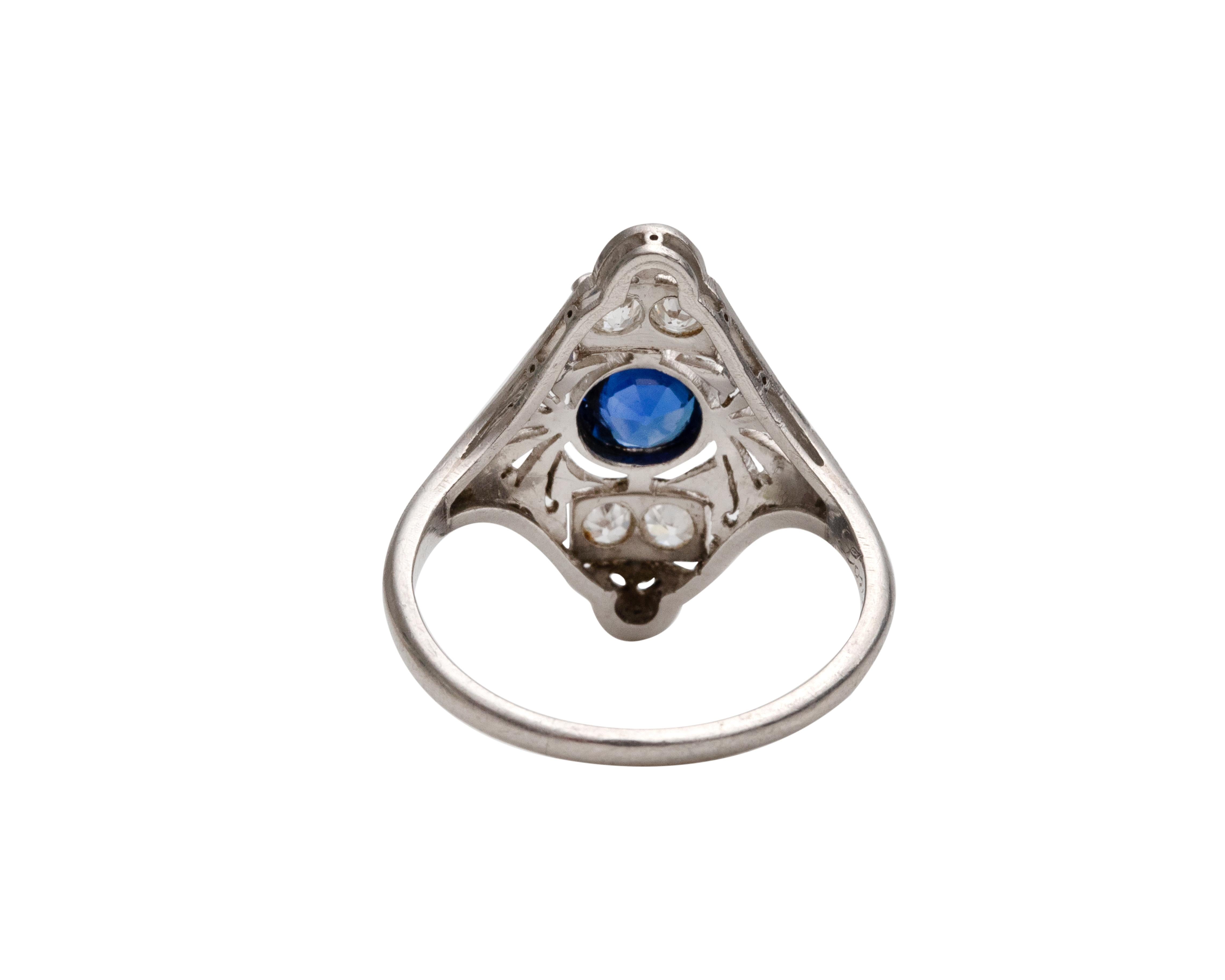 Platinum Sapphire and Diamond Shield Ring, #190072102, circa 1920s 1