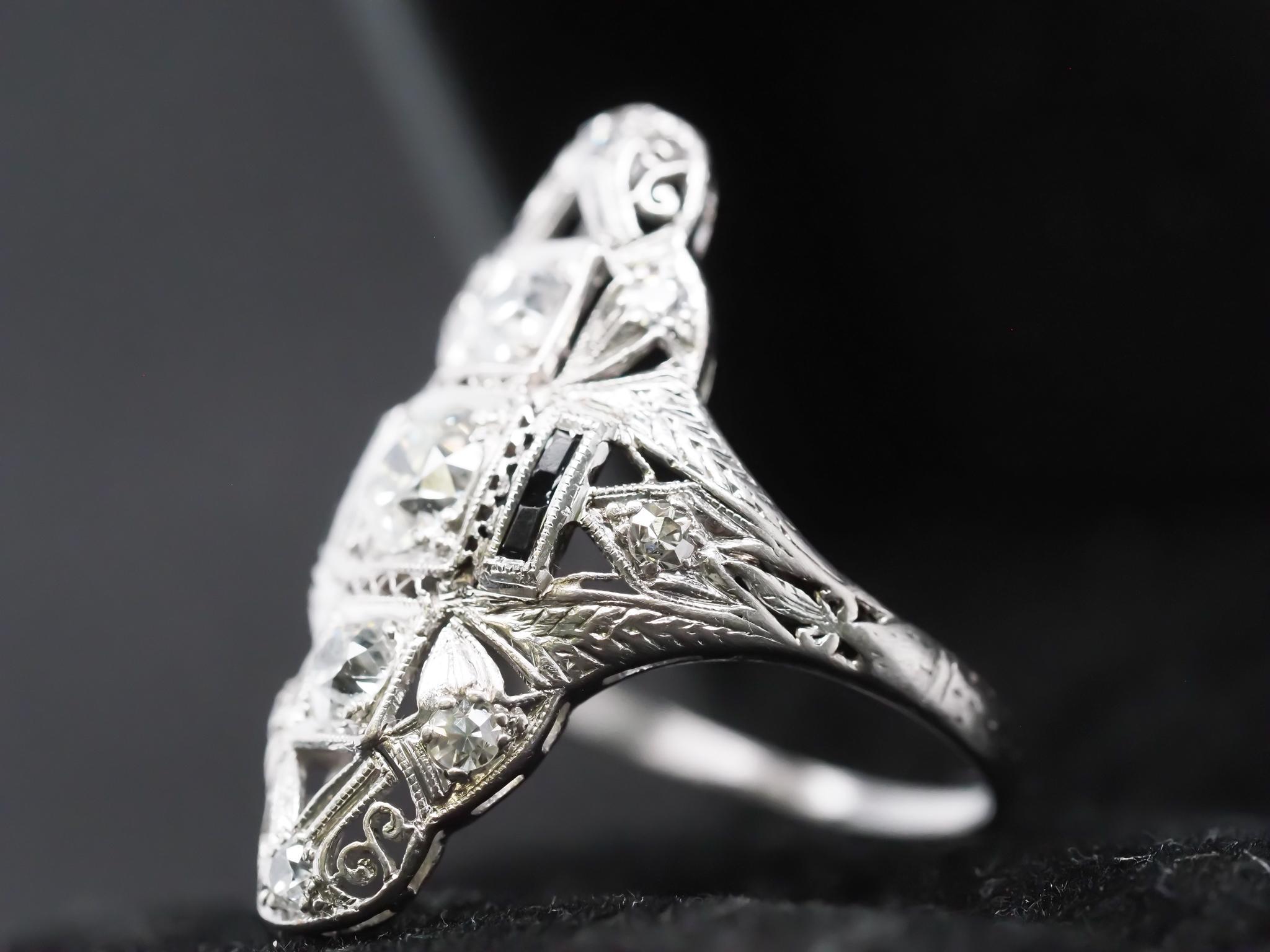 Old European Cut Circa 1920s Pltainum Old European Diamond and Onyx Ring For Sale