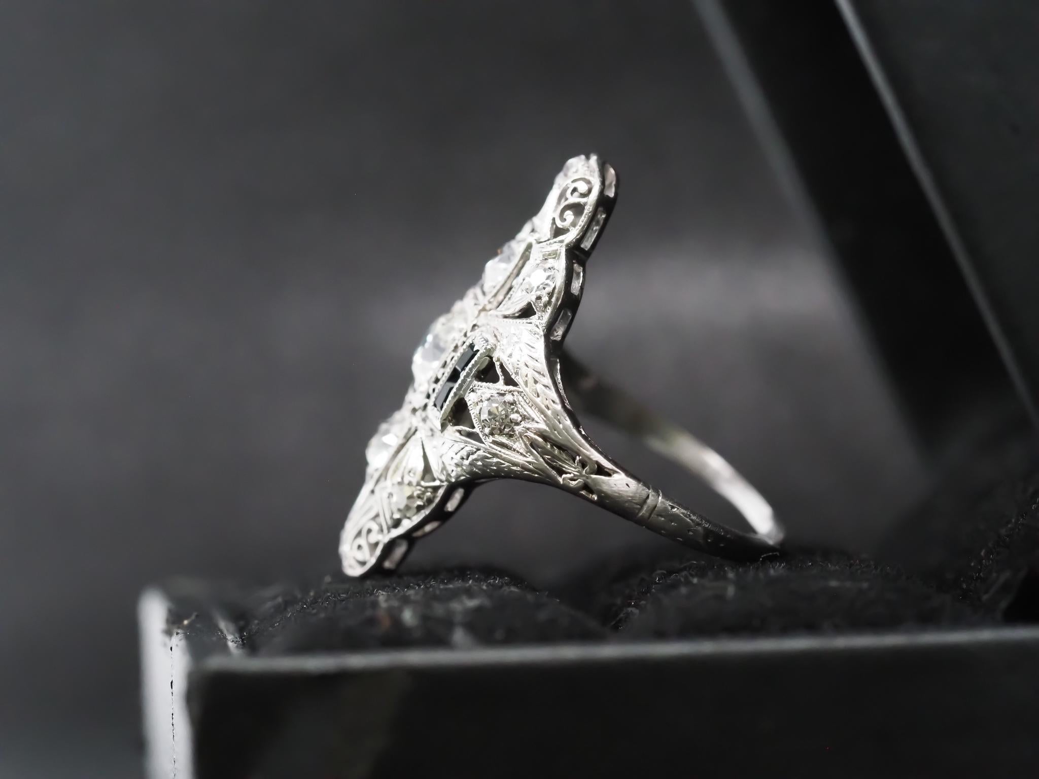 Circa 1920s Pltainum Old European Diamond and Onyx Ring In Good Condition For Sale In Hicksville, NY