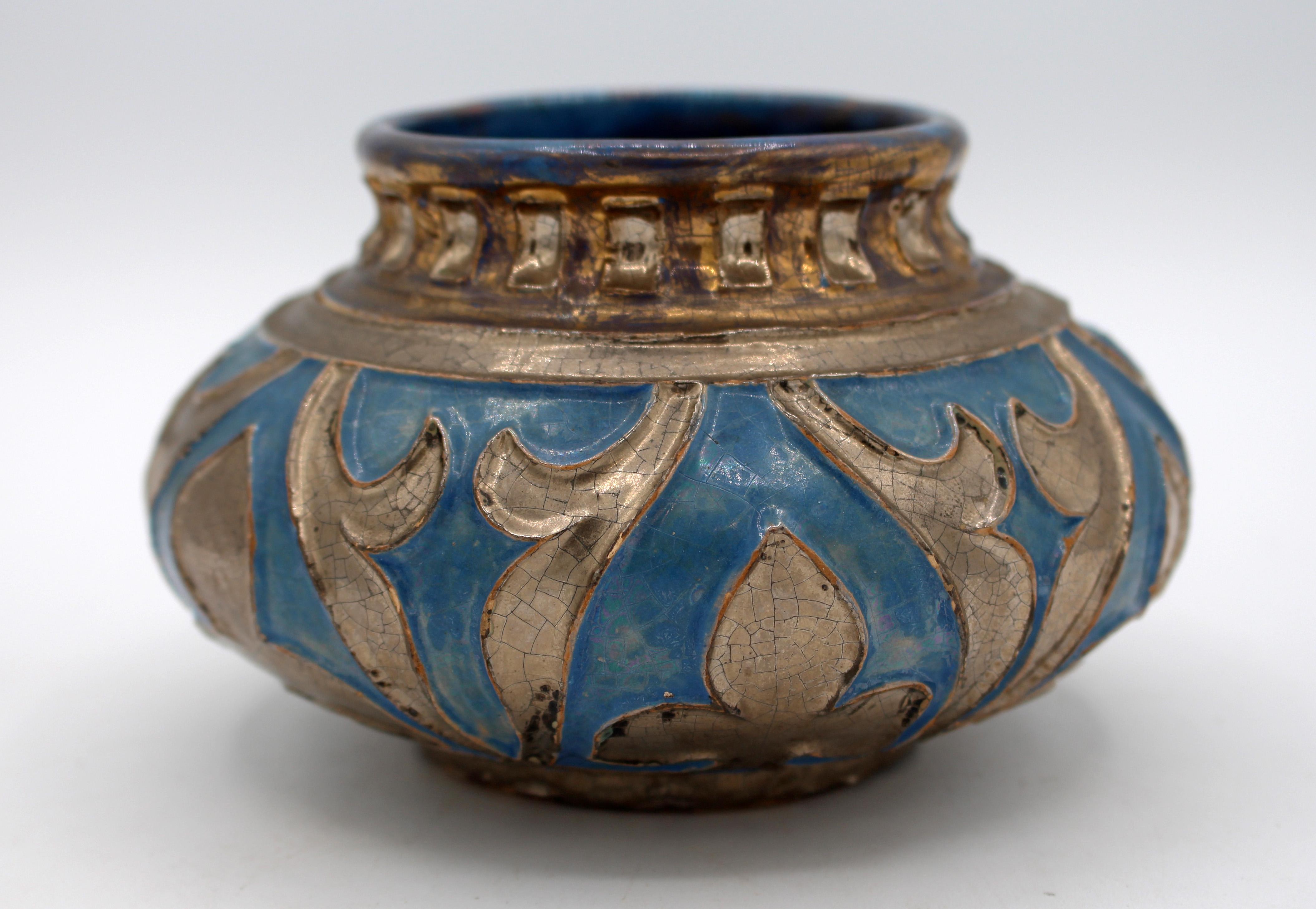 Circa 1920 pottery low vase or bowl by Daniel Zuloaga Boneta (Spain, 1852-1921). One of Spain's greatest ceramists & innovator in art pottery. He used traditional Renaissance & other motifs & techniques, as seen in this piece. Signed. Provenance: