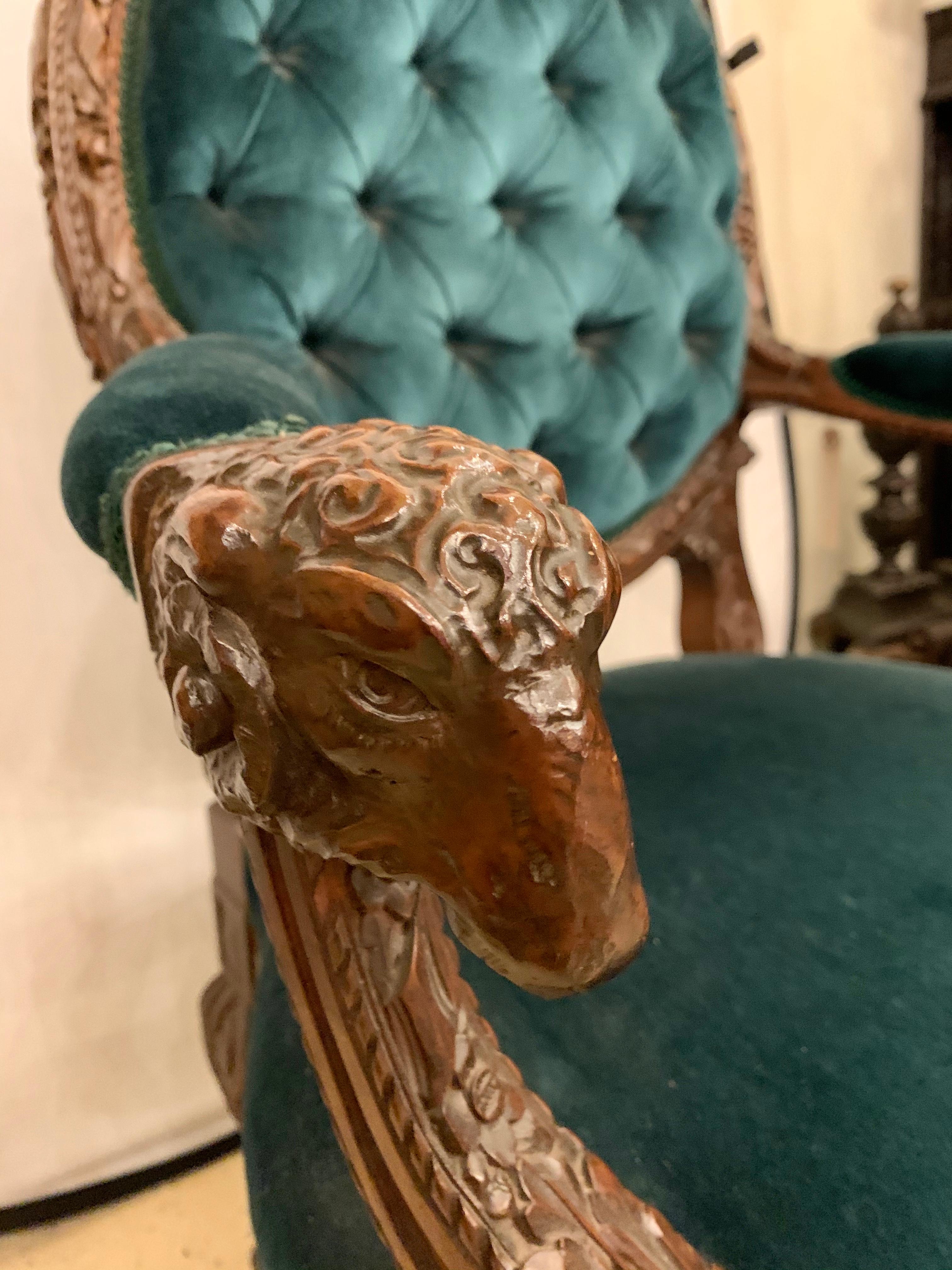 Rams Head French Arm Bergere Chair, Cameo Tufted Back, circa 1920s  4