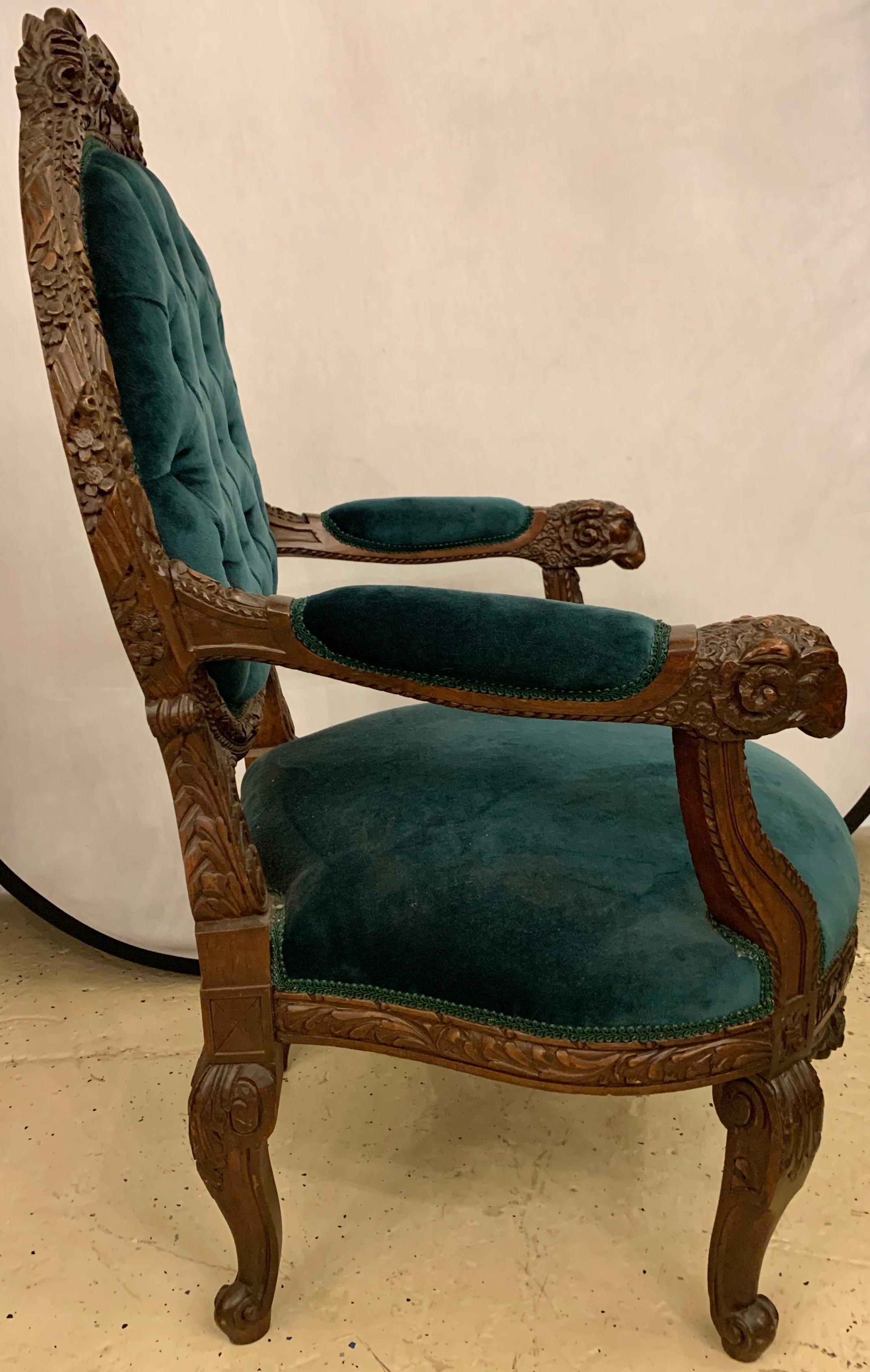 Rams Head French Arm Bergere Chair, Cameo Tufted Back, circa 1920s  6