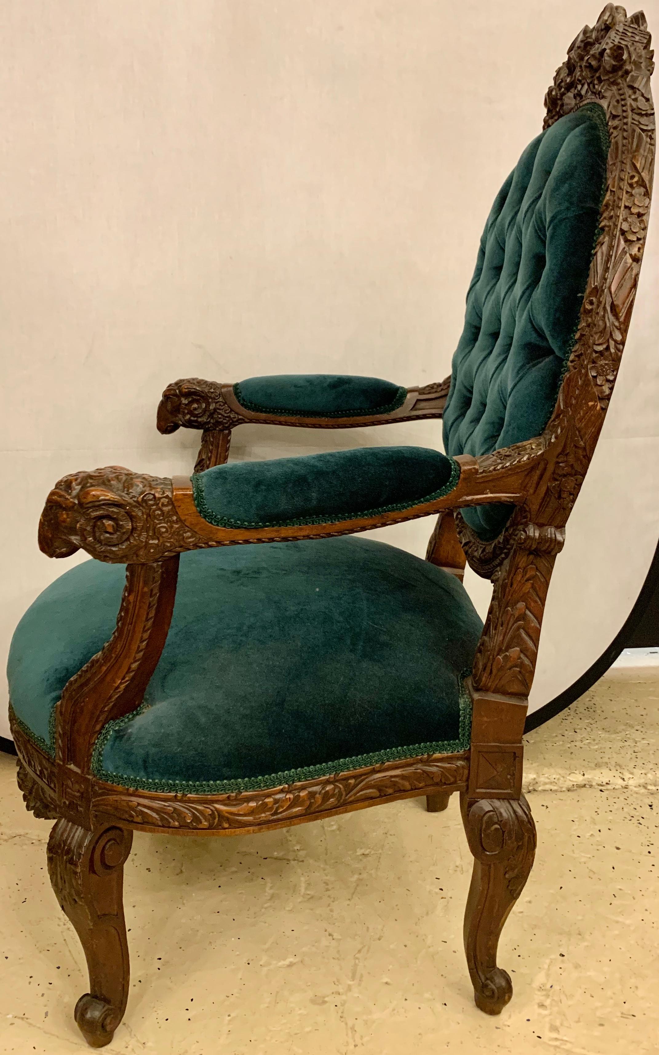 Rams Head French Arm Bergere Chair, Cameo Tufted Back, circa 1920s  8