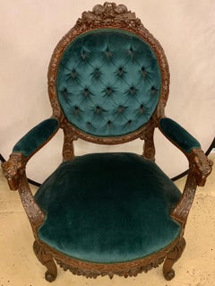 Rams Head French Arm Bergere Chair, Cameo Tufted Back, circa 1920s