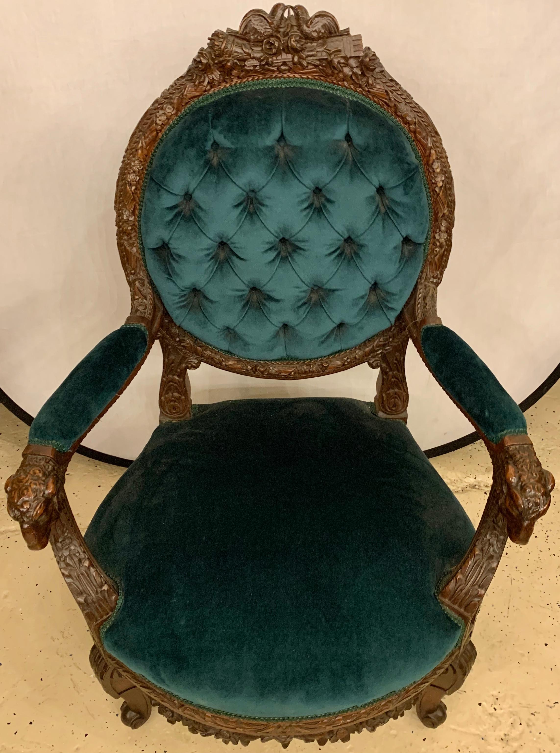 Louis XV Rams Head French Arm Bergere Chair, Cameo Tufted Back, circa 1920s 