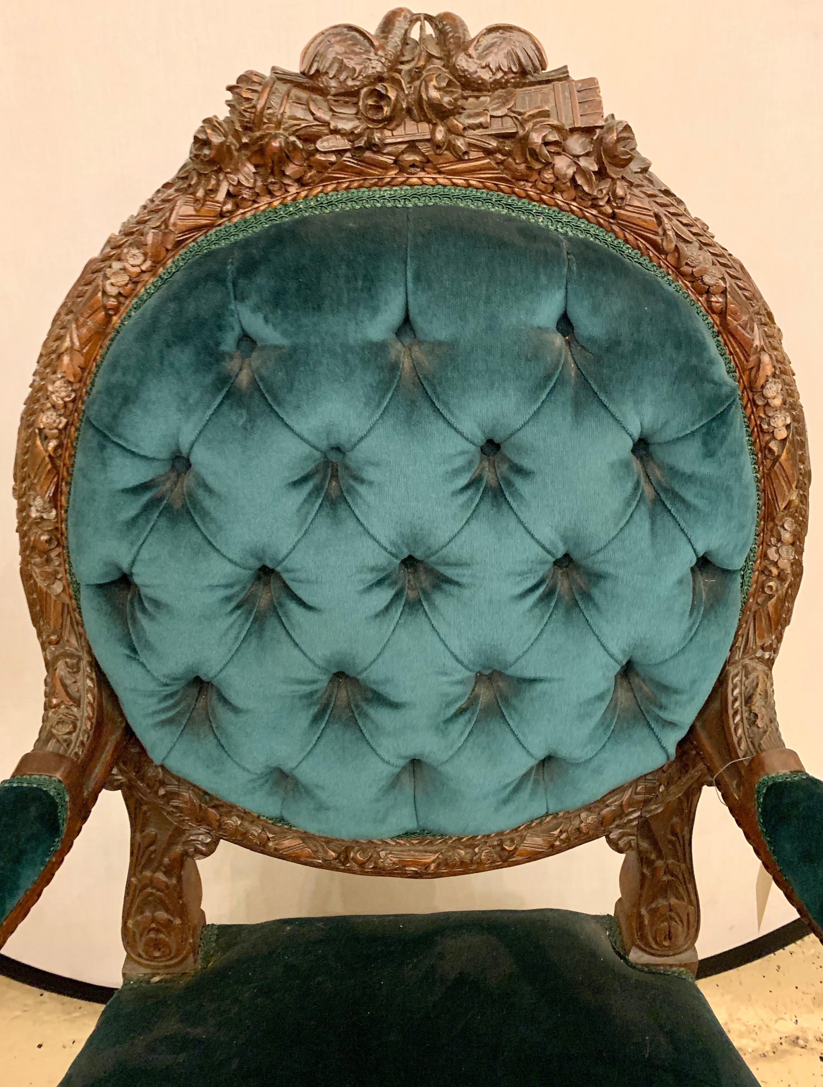 20th Century Rams Head French Arm Bergere Chair, Cameo Tufted Back, circa 1920s 