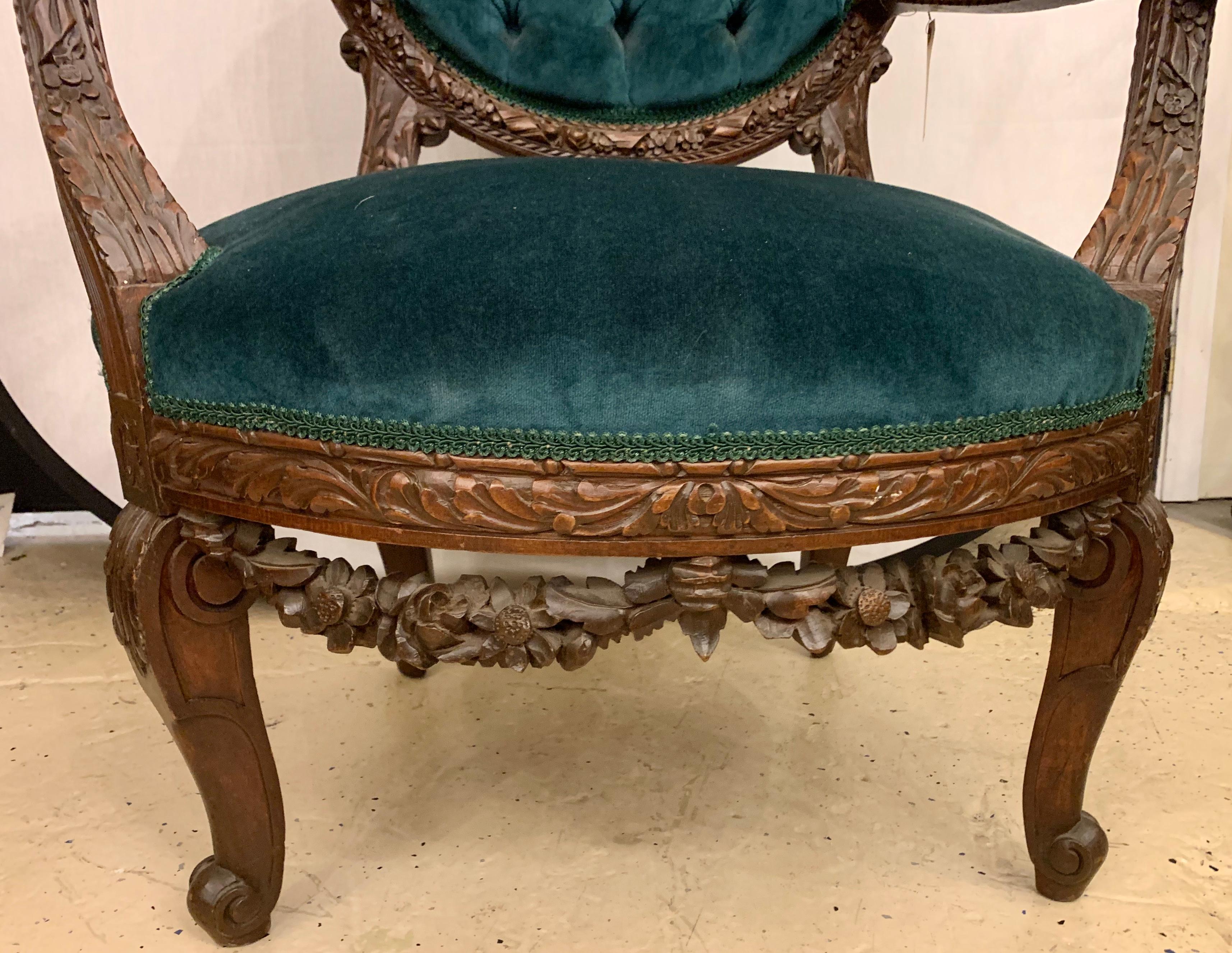 Velvet Rams Head French Arm Bergere Chair, Cameo Tufted Back, circa 1920s 