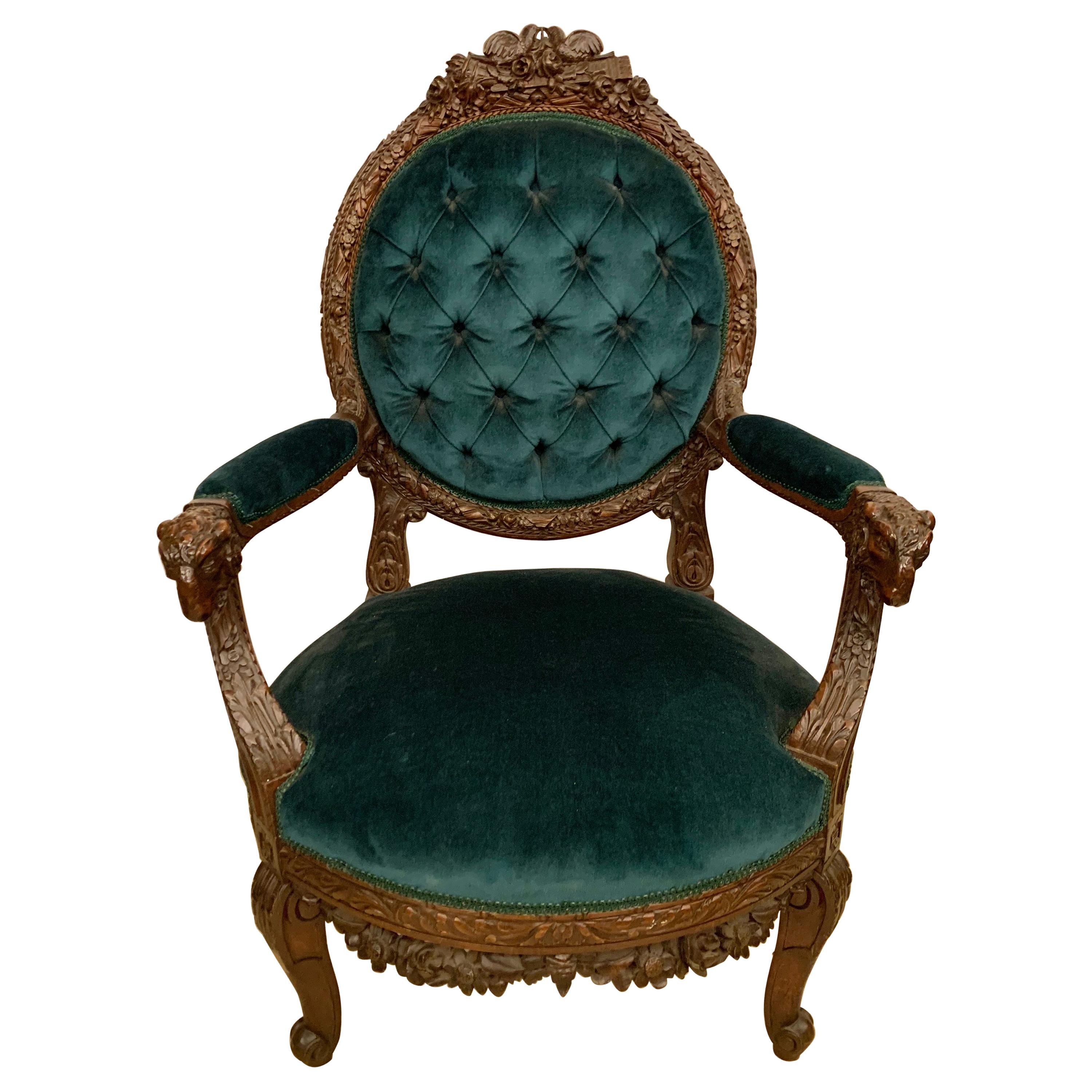 Rams Head French Arm Bergere Chair, Cameo Tufted Back, circa 1920s 