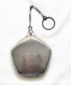 Circa 1920s Silvertone and Aqua Blue Guilloche Vanity Case With Finger Ring