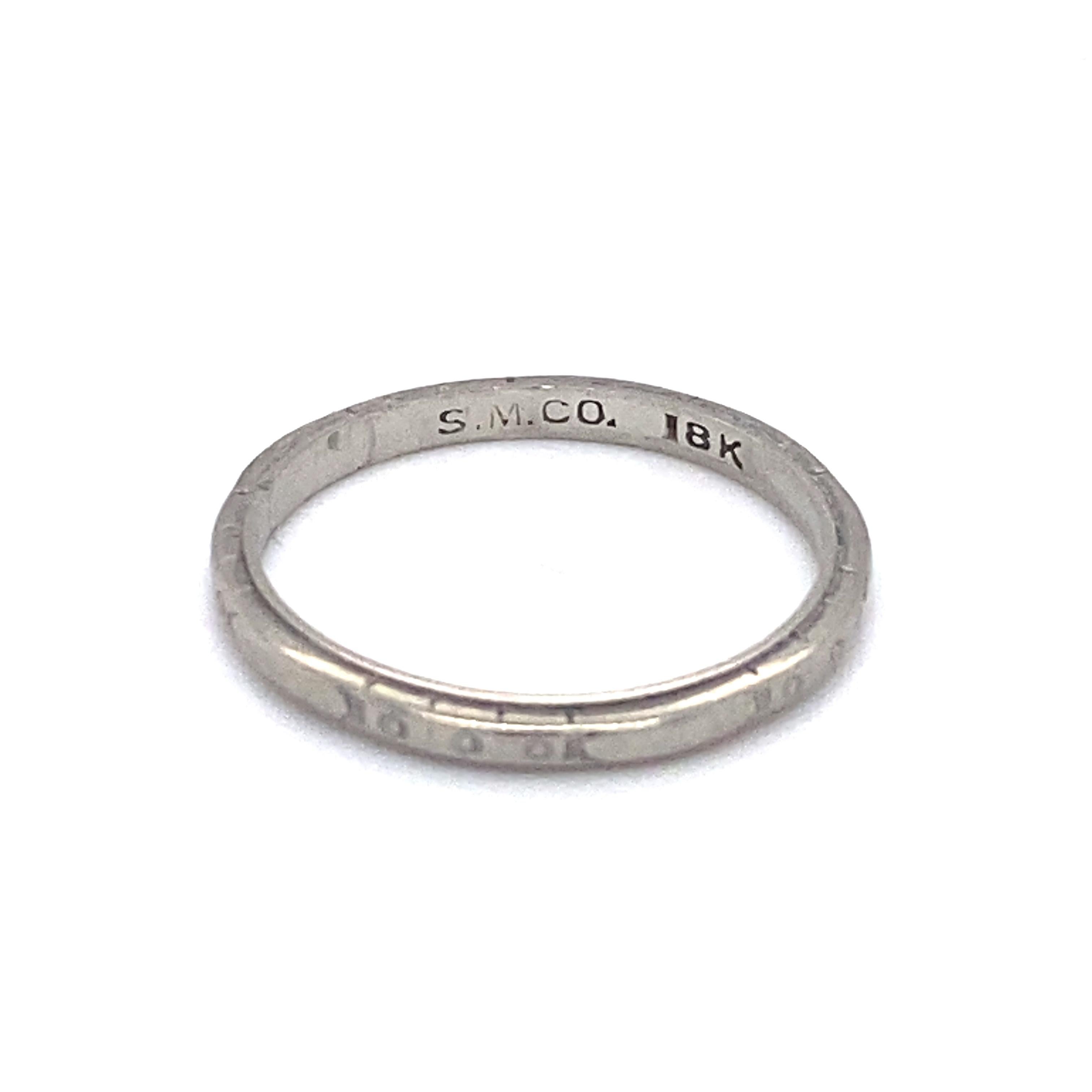 Women's or Men's circa 1920s, SM Co. Art Deco Wedding Band with Inscription in 18 Karat Gold For Sale