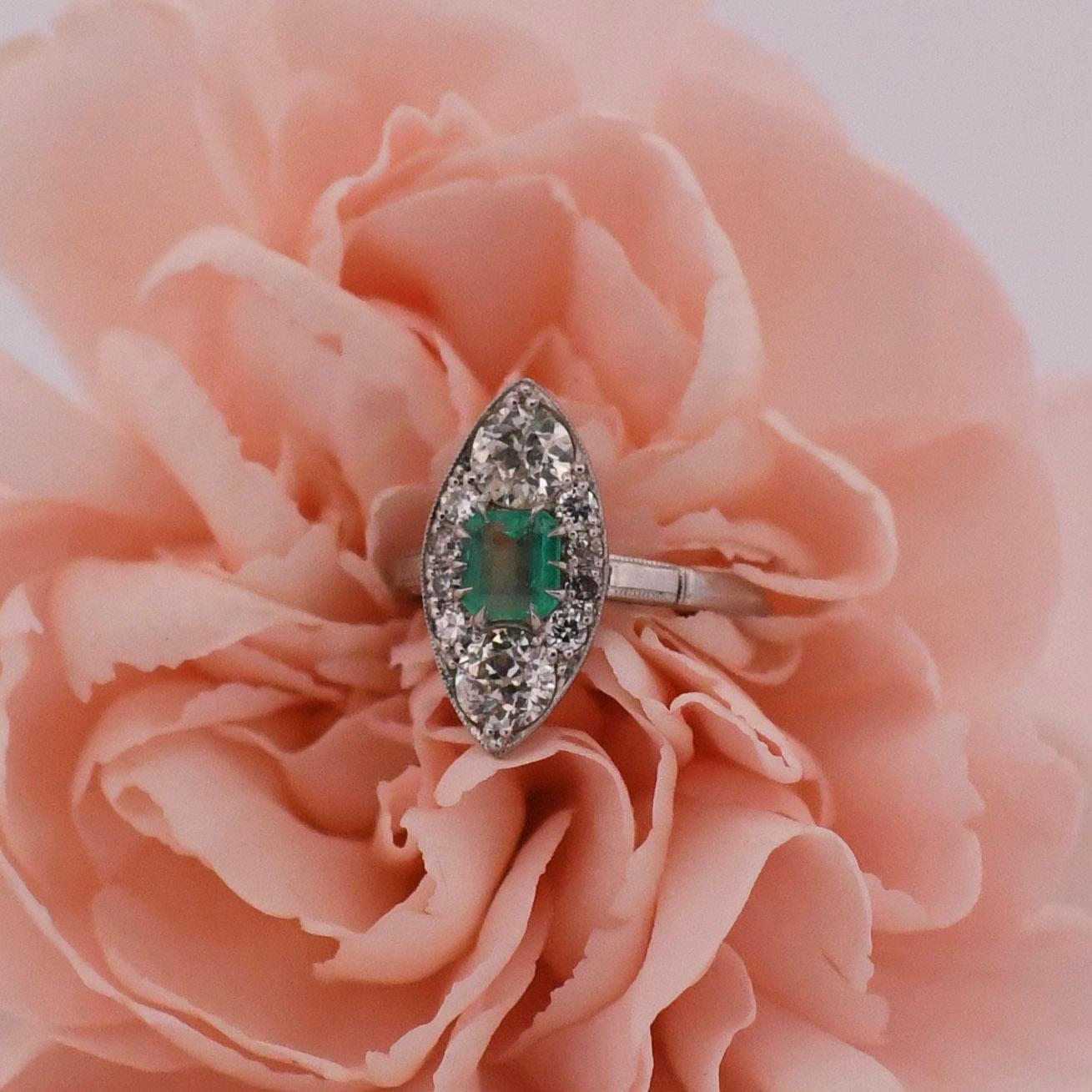 Art Deco Circa 1920's Three Stone Navette Diamond and Colombian Emerald Ring For Sale