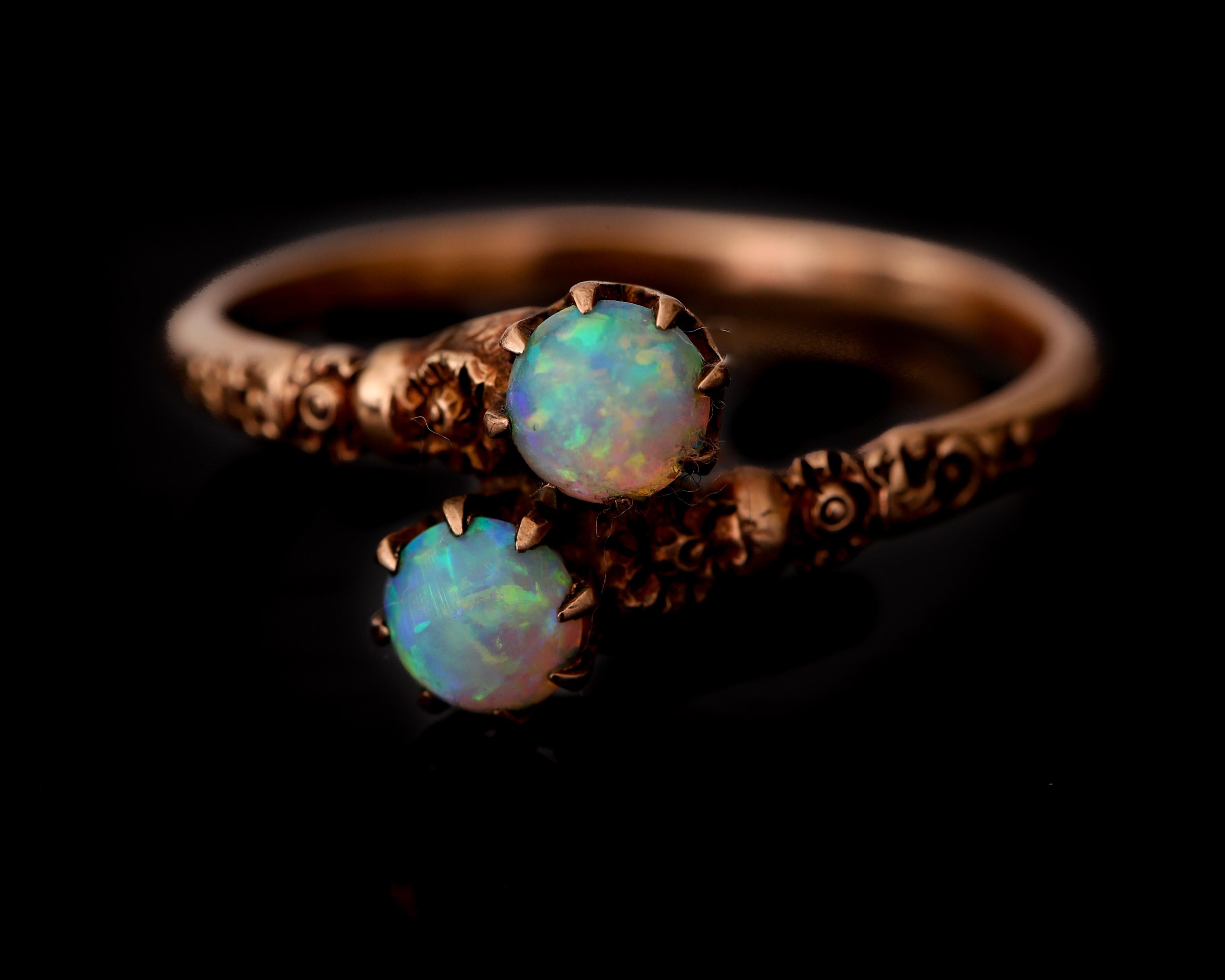 Vintage Toi et Moi Opal Rose Gold Hand Carved Ring NCR288, circa 1920s In Good Condition In Addison, TX