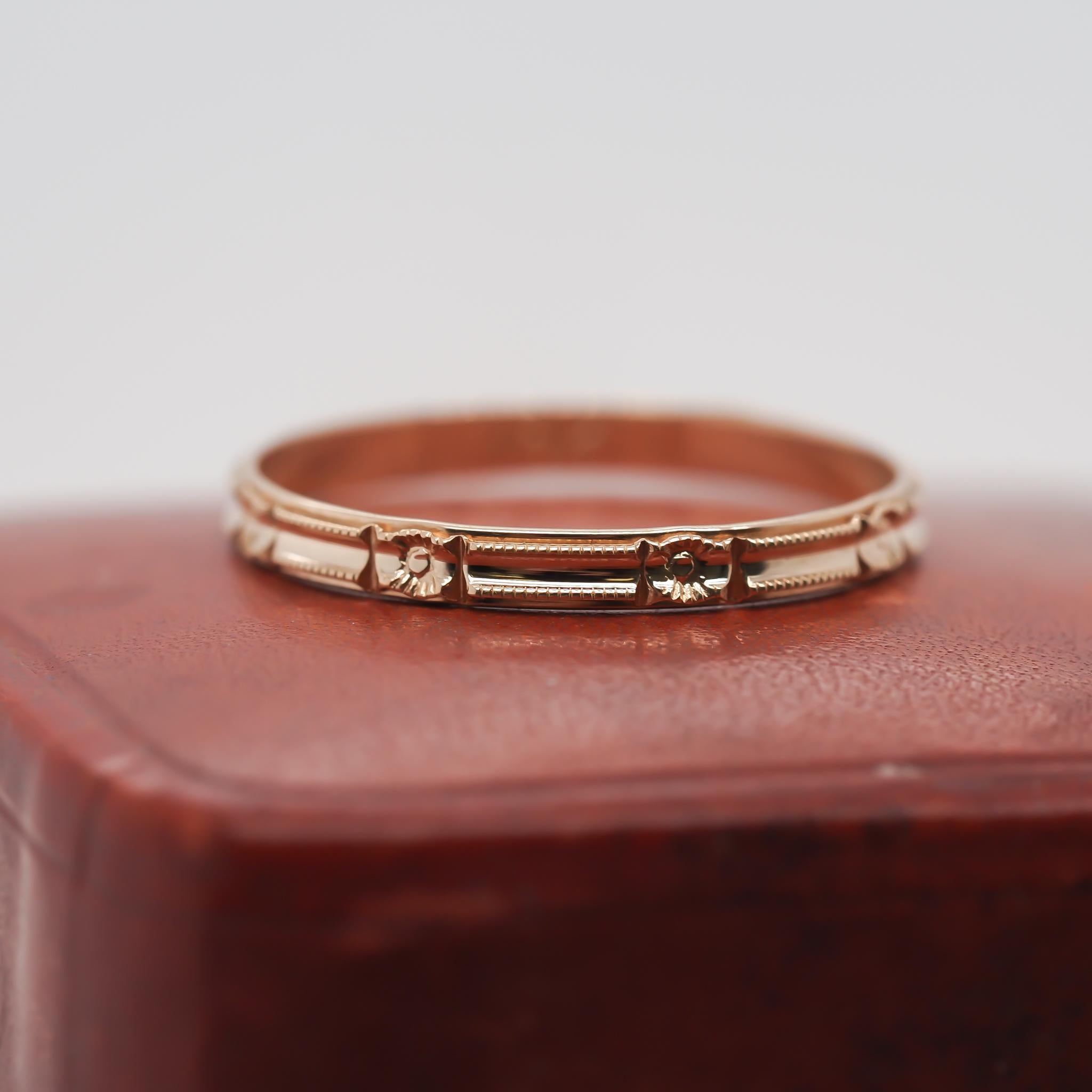 Year: 1920s
Item Details:
Ring Size: 5.5 (Sizable)
Metal Type: 10k Yellow Gold [Hallmarked, and Tested]
Weight: .5 grams
Band Width: 2mm
Condition: Excellent