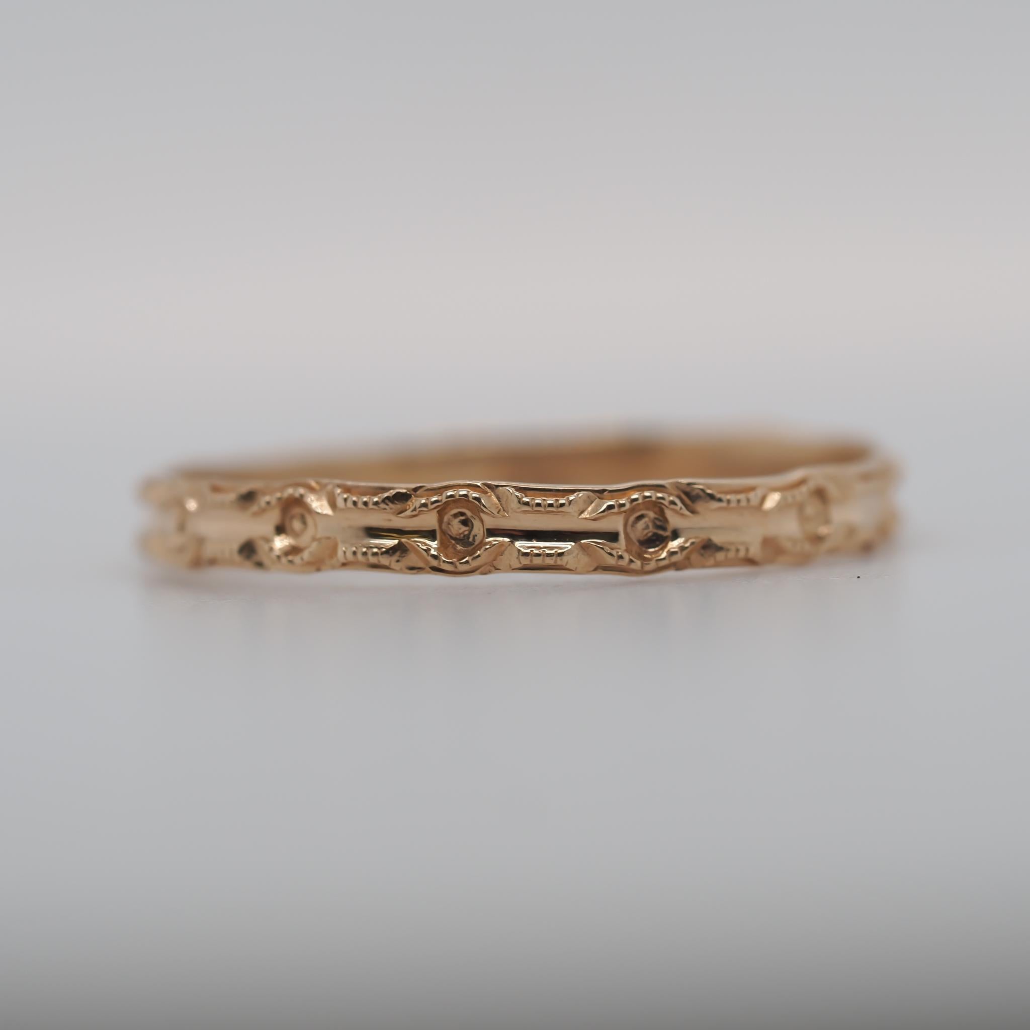 Year: 1920s
Item Details:
Ring Size: 6 (Sizable)
Metal Type: 10K Yellow Gold [Hallmarked, and Tested]
Weight: .5 grams
Band Width: 2.1mm
Condition: Excellent
Art Deco