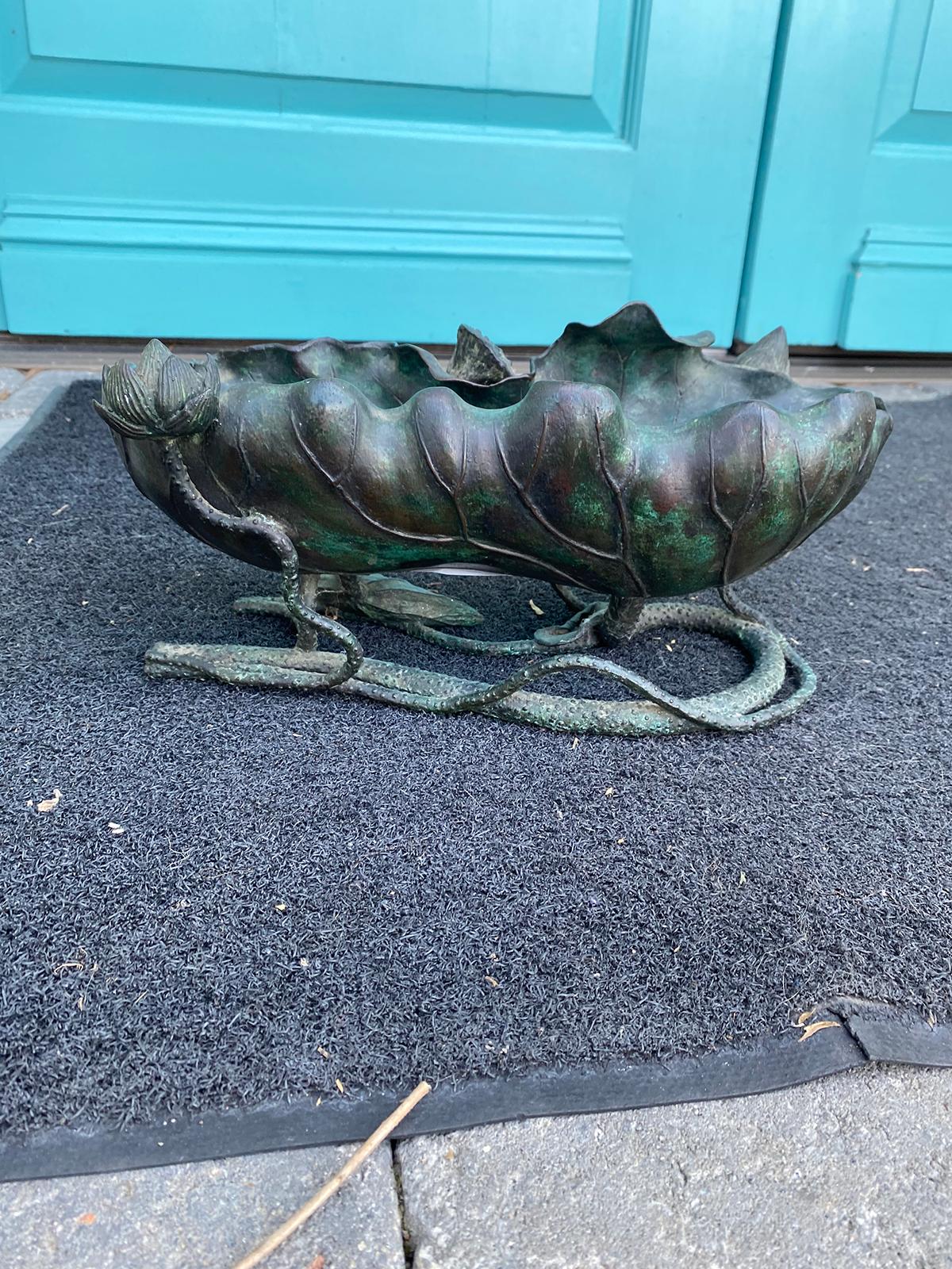 Japanese Bronze Lotus Bowl, Marked 