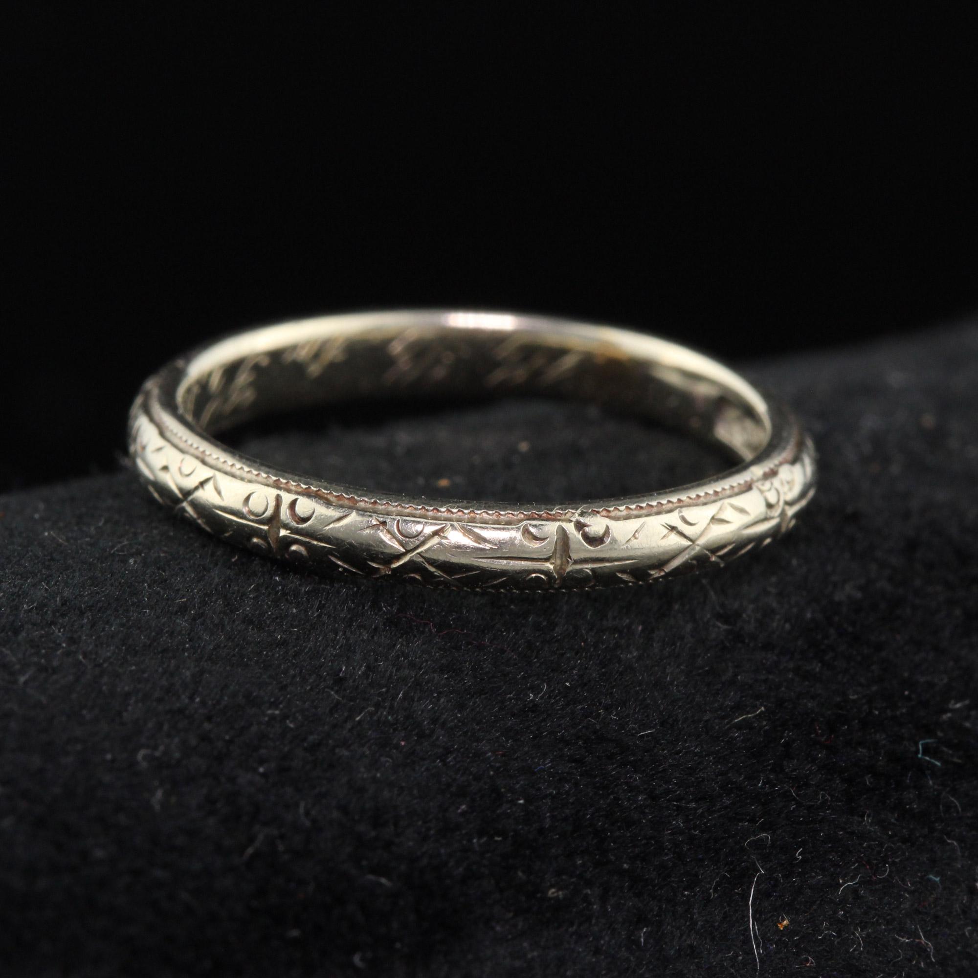 Antique Art Deco 18K White Gold Hand Engraved Wedding Band

#R0074

Metal: 18K White Gold

Weight: 2.7 Grams

Ring Size: 5 1/4

*Unfortunately this ring cannot be sized.

Measurements: 2.5 mm wide

Engraving Inside Shank: 'H.L. to H.H. 6-8-22'