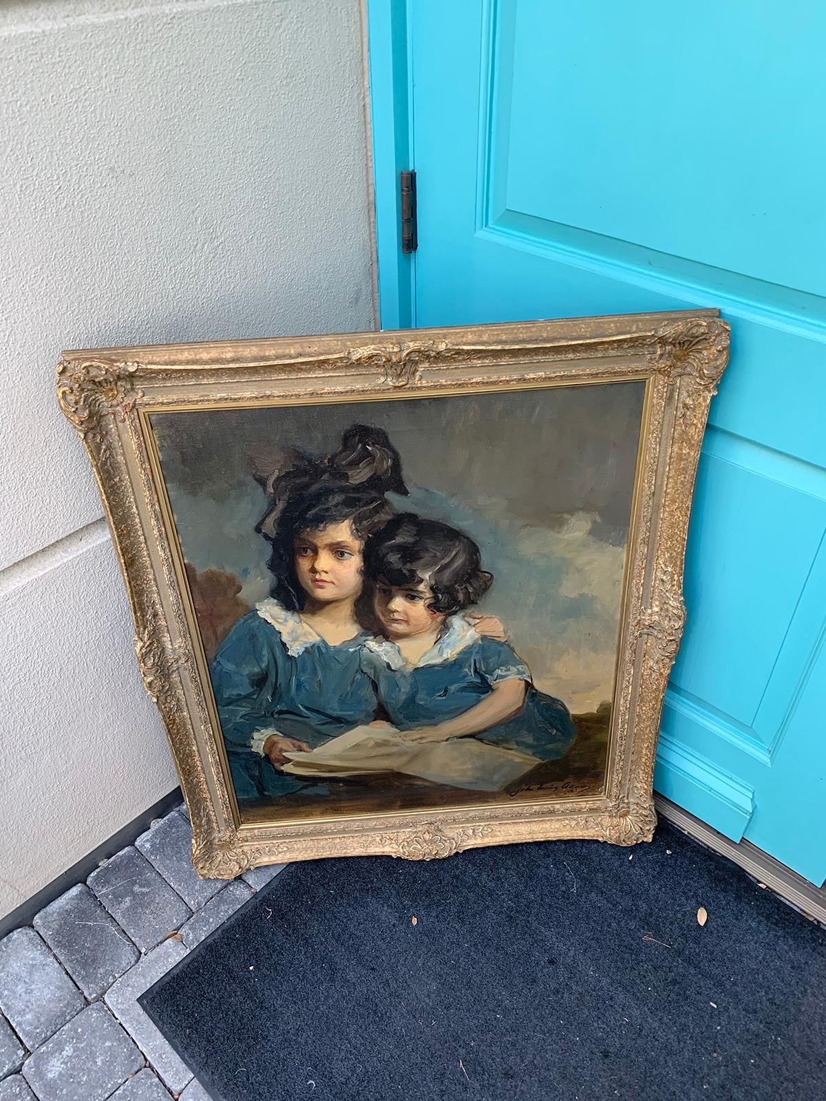 American Oil Painting of Sisters by John Quincy Adams, Signed & Dated, C.1923  10