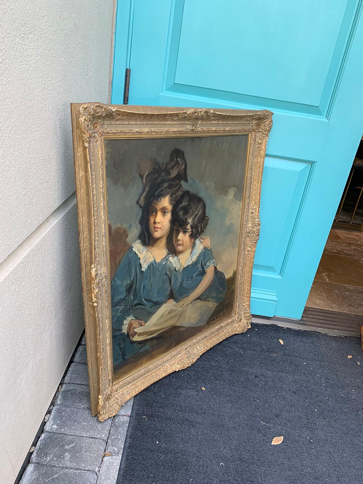 American Oil Painting of Sisters by John Quincy Adams, Signed & Dated, C.1923  In Good Condition In Atlanta, GA