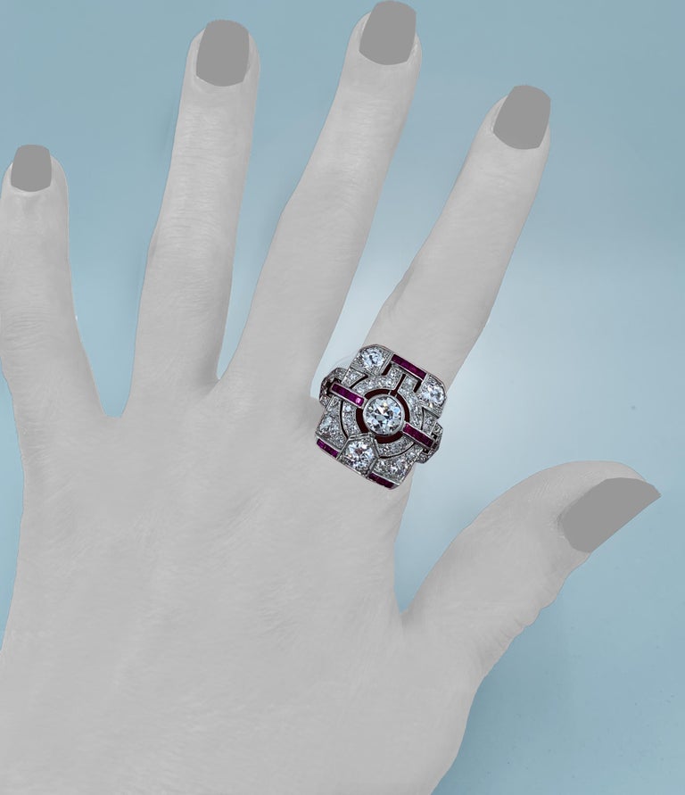 Art Deco 3 Carat Diamond and Ruby Tablet or Plaque Ring in Platinum ...