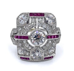 Art Deco 3 Carat Diamond and Ruby Tablet or Plaque Ring in Platinum, Circa 1925
