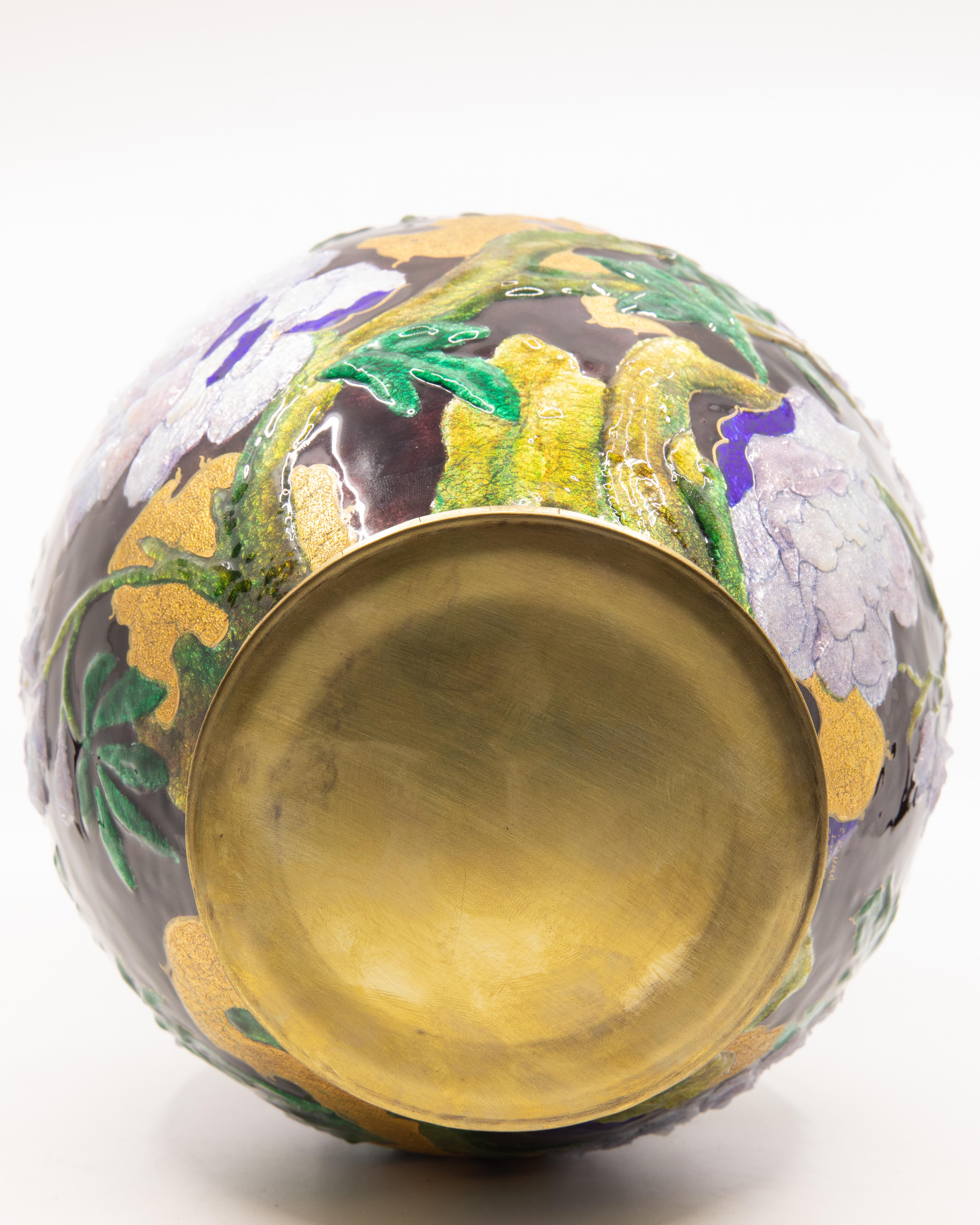 Camille Fauré Signed Raised Three Dimensional Plum Ground Copper Vase circa 1925 3
