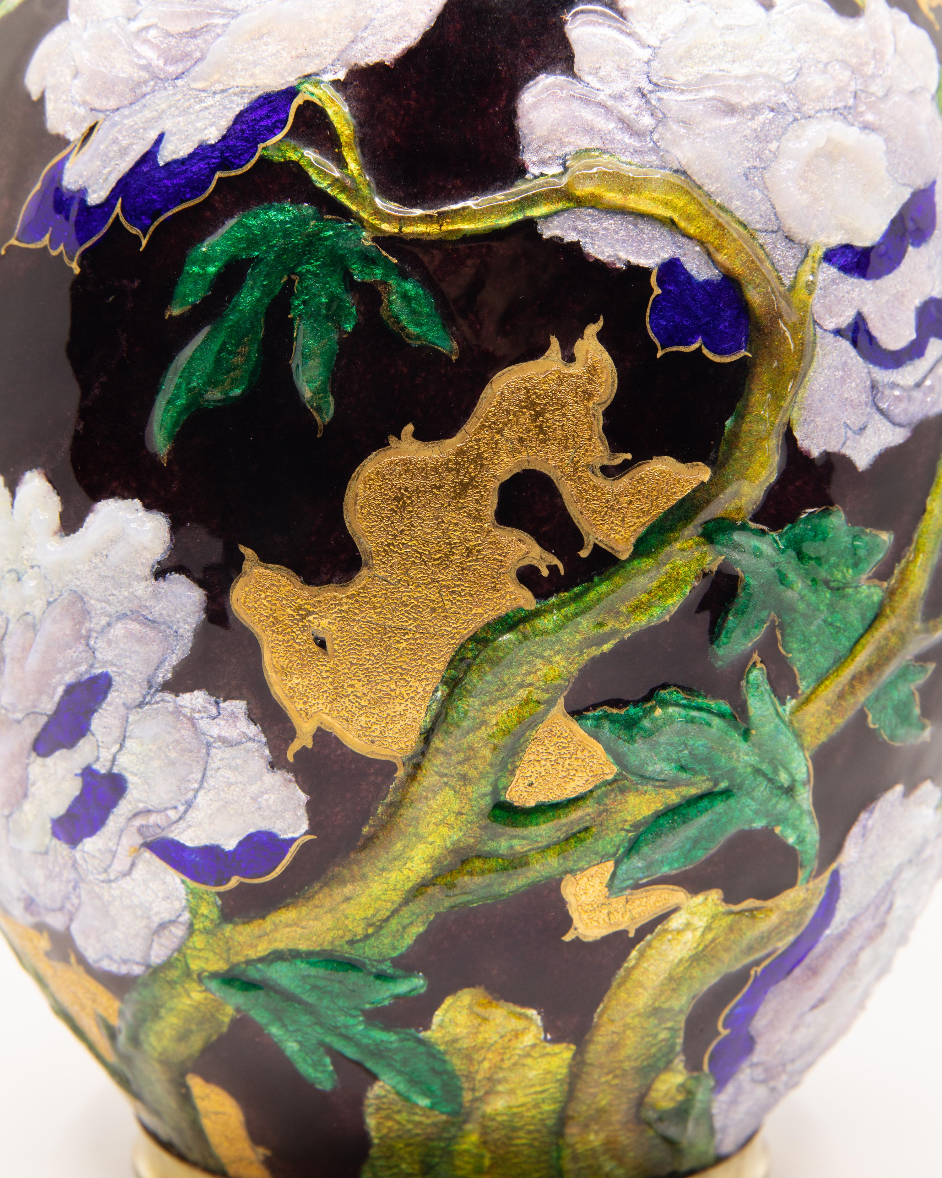 Camille Fauré Signed Raised Three Dimensional Plum Ground Copper Vase circa 1925 5